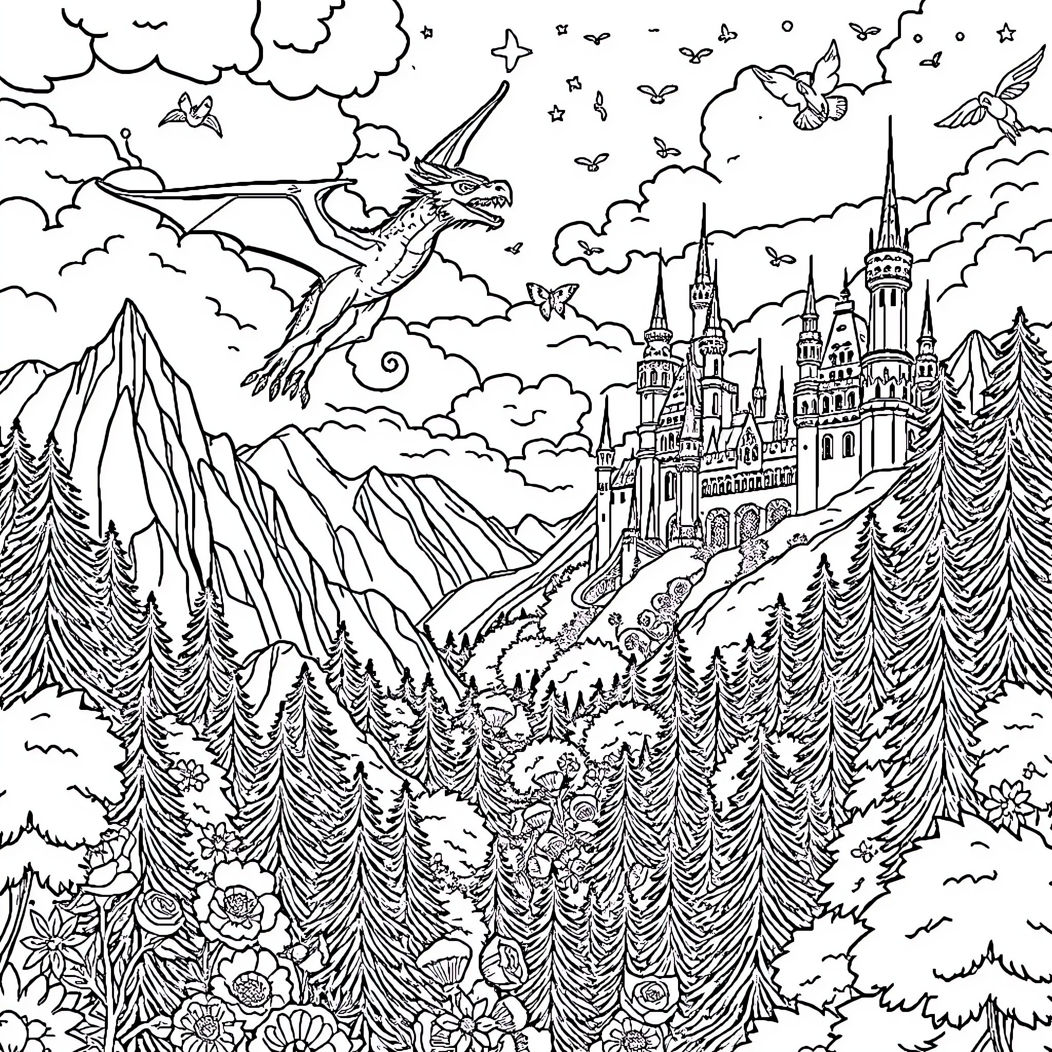 Dragon soaring over a fantasy castle and mountains Coloring Page (free black-and-white line drawing printable PDF for all, from beginners to advanced learners, including children, teens, adults, and seniors)