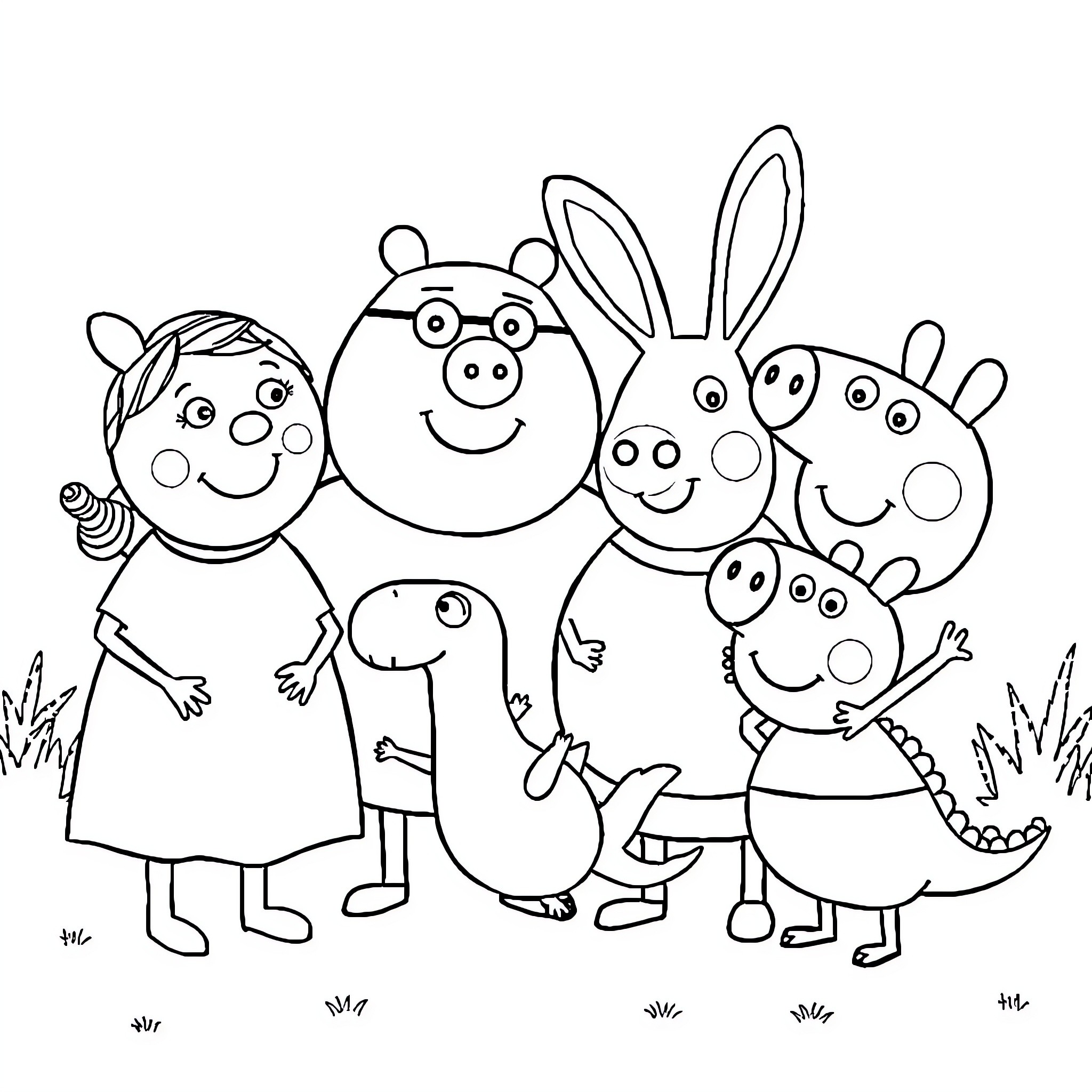 Peppa Pig and friends in a happy group portrait Coloring Page (free black-and-white line drawing printable PDF for all, from beginners to advanced learners, including children, teens, adults, and seniors)