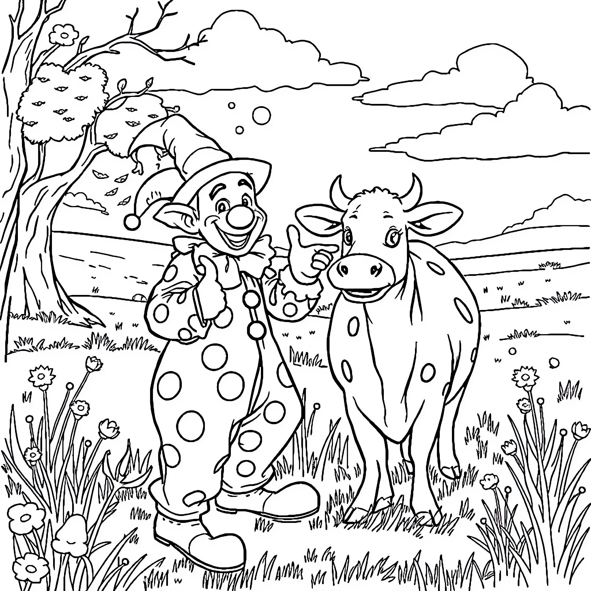 Clown entertaining a friendly cow in a pastoral scene Coloring Page (free black-and-white line drawing printable PDF for all, from beginners to advanced learners, including children, teens, adults, and seniors)