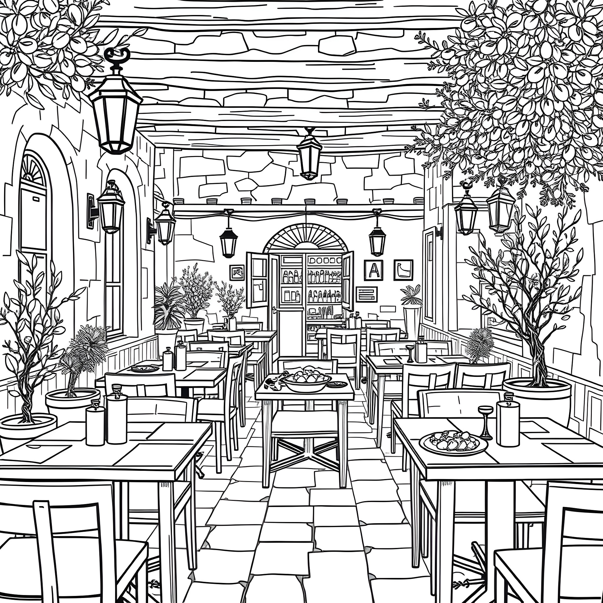 Greek Restaurant with Cozy Outdoor Seating and Decor Coloring Page (free black-and-white line drawing printable PDF for all, from beginners to advanced learners, including children, teens, adults, and seniors)