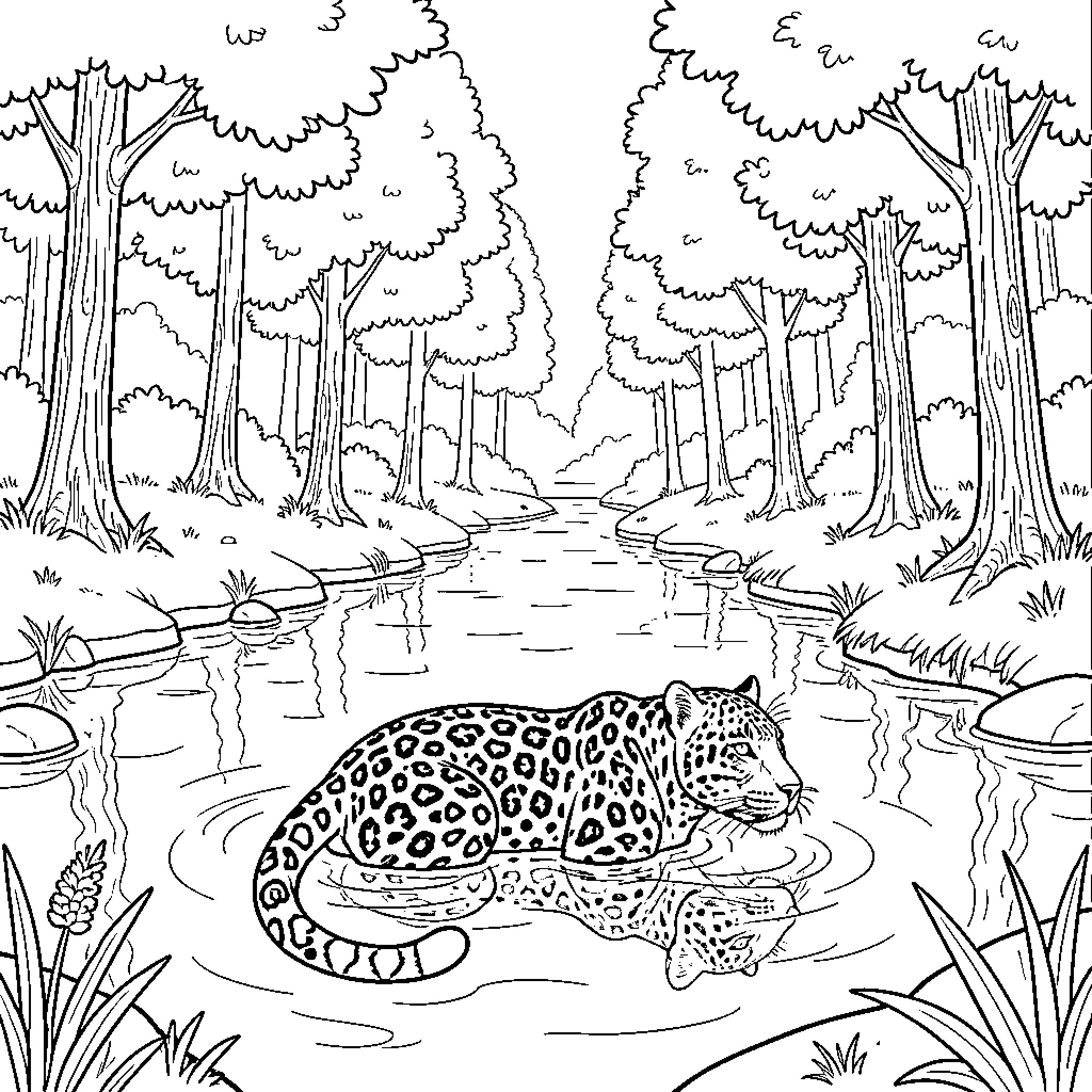 Panthera walking through a river in the forest Coloring Page (free black-and-white line drawing printable PDF for all, from beginners to advanced learners, including children, teens, adults, and seniors)