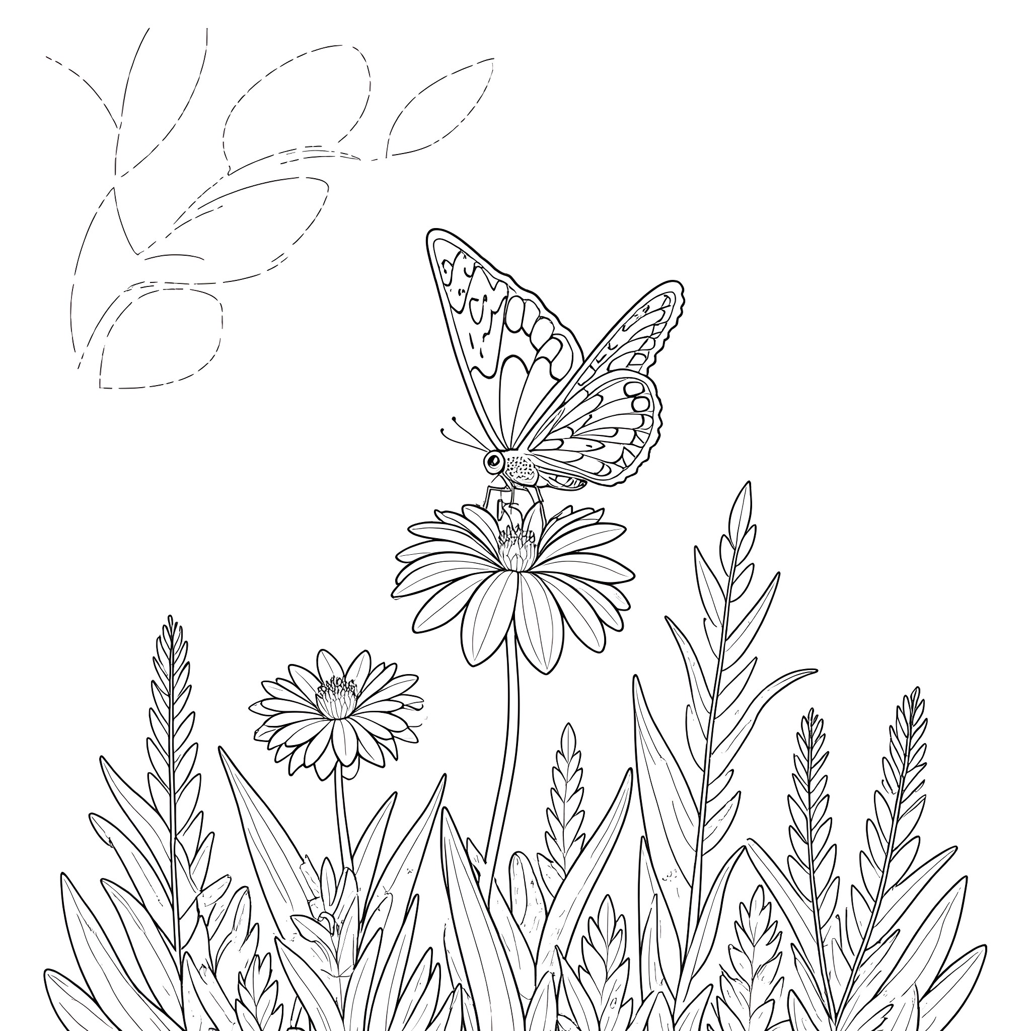 Butterfly resting on daisy flowers in nature Coloring Page (free black-and-white line drawing printable PDF for all, from beginners to advanced learners, including children, teens, adults, and seniors)