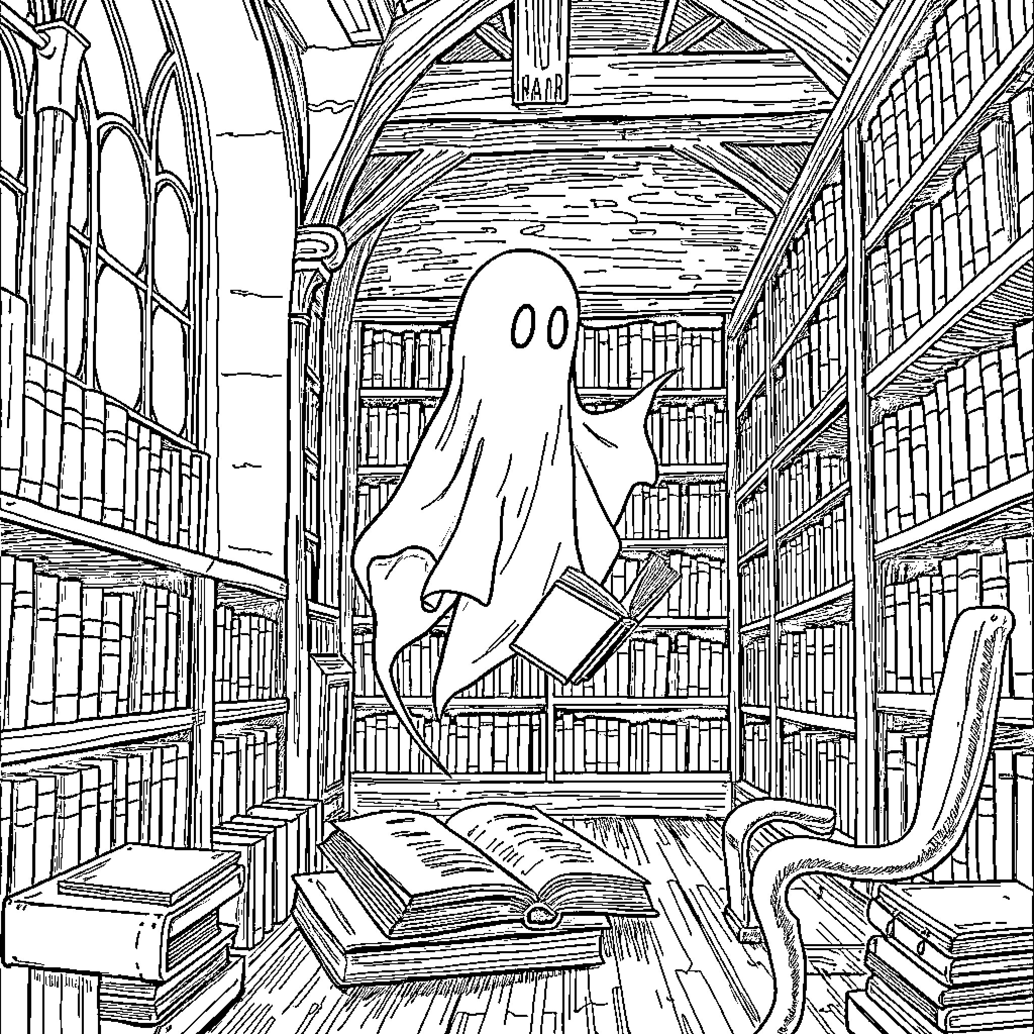 Ghost exploring a haunted library Coloring Page (free black-and-white line drawing printable PDF for all, from beginners to advanced learners, including children, teens, adults, and seniors)