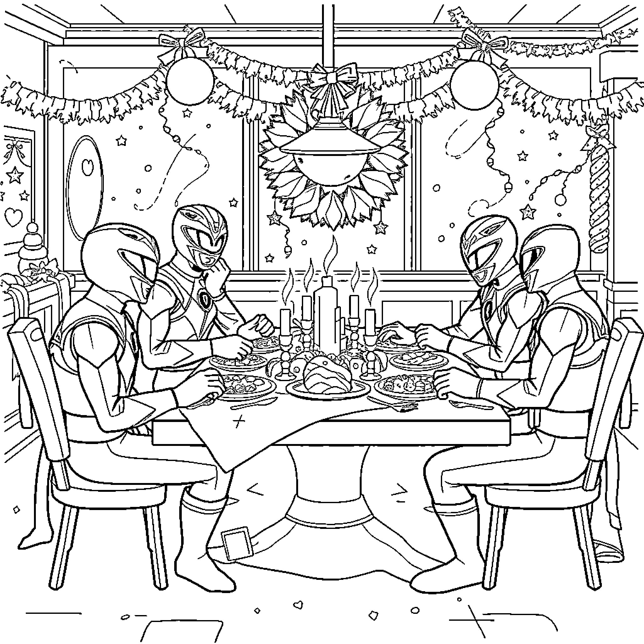 Power Rangers Celebrating a Special Occasion Coloring Page (free black-and-white line drawing printable PDF for all, from beginners to advanced learners, including children, teens, adults, and seniors)