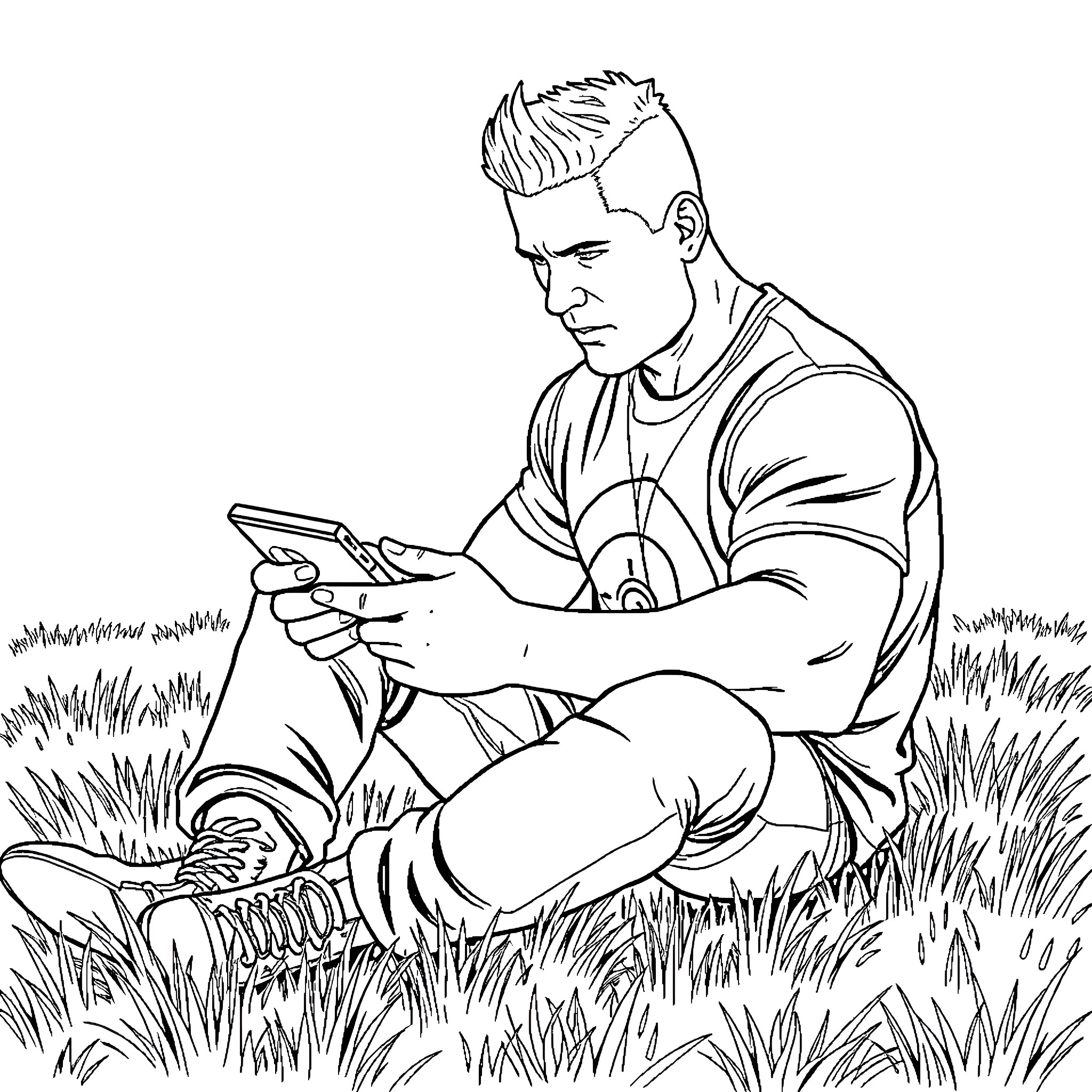 John Cena relaxing in the grass with a mobile device Coloring Page (free black-and-white line drawing printable PDF for all, from beginners to advanced learners, including children, teens, adults, and seniors)