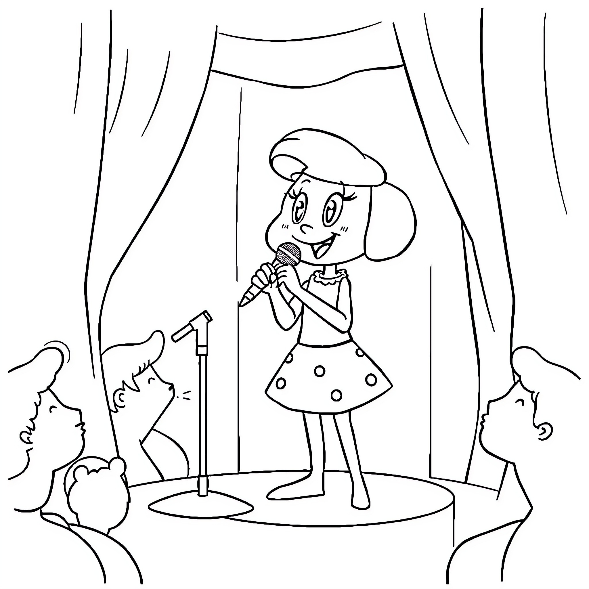 Poppy singing on stage in front of an audience Coloring Page (free black-and-white line drawing printable PDF for all, from beginners to advanced learners, including children, teens, adults, and seniors)