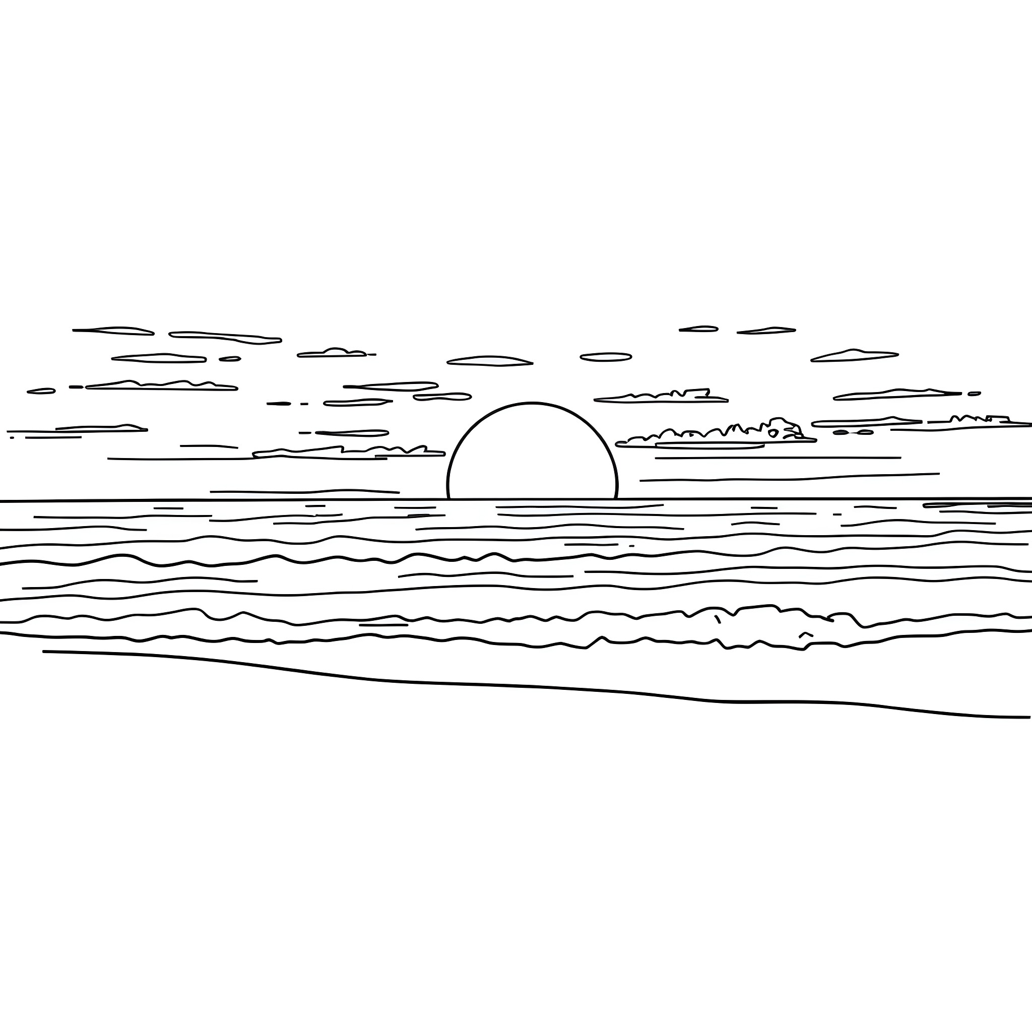 Sunset over the serene ocean waves Coloring Page (free black-and-white line drawing printable PDF for all, from beginners to advanced learners, including children, teens, adults, and seniors)