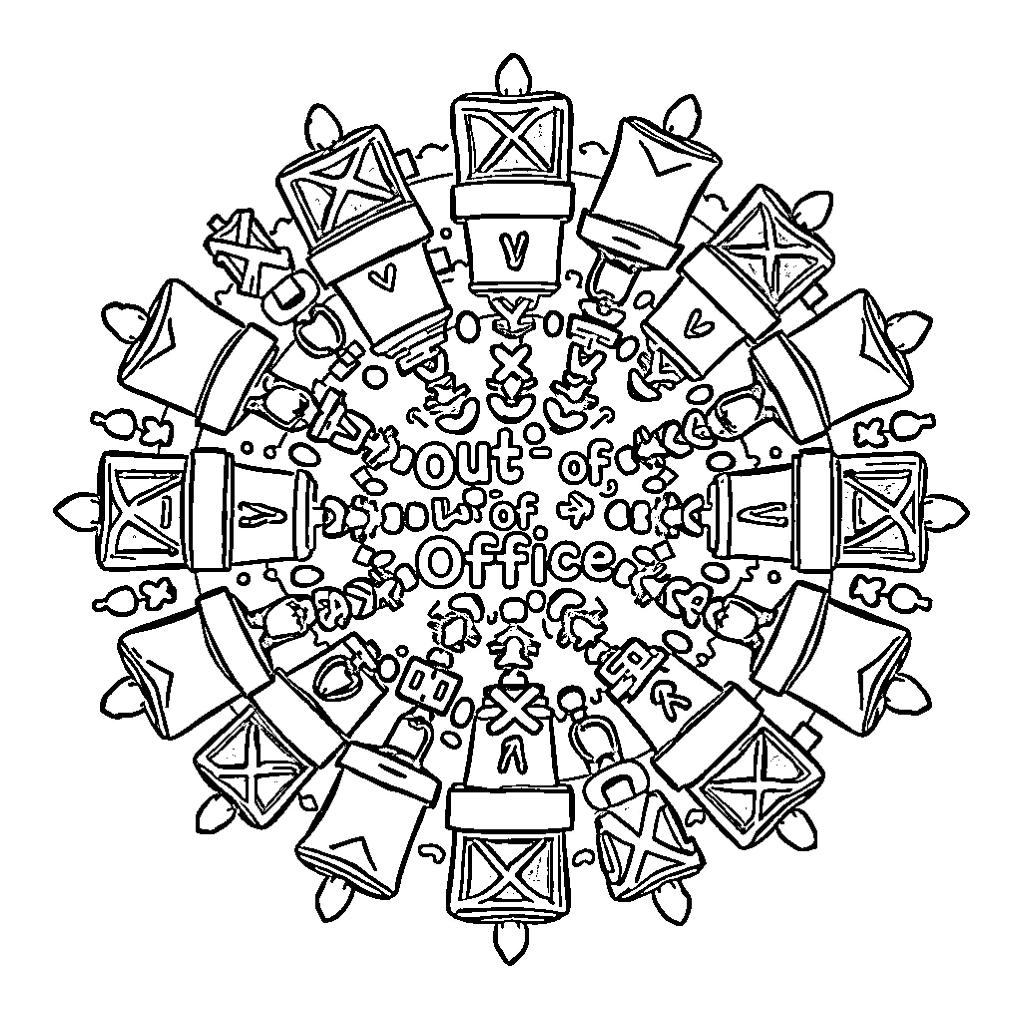 Mandala of Office Supplies and Equipment Coloring Page (free black-and-white line drawing printable PDF for all, from beginners to advanced learners, including children, teens, adults, and seniors)
