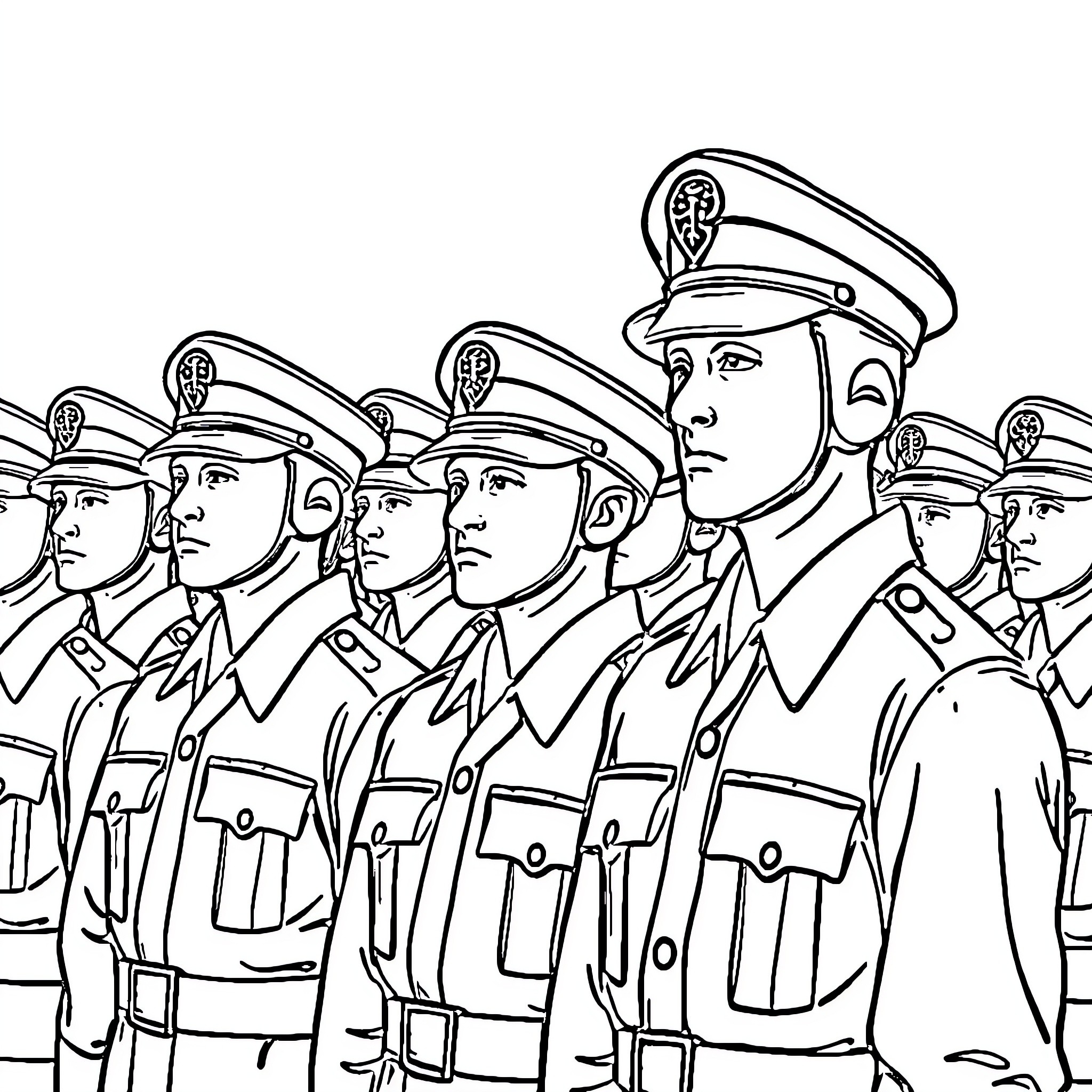Soldier formation standing at attention Coloring Page (free black-and-white line drawing printable PDF for all, from beginners to advanced learners, including children, teens, adults, and seniors)
