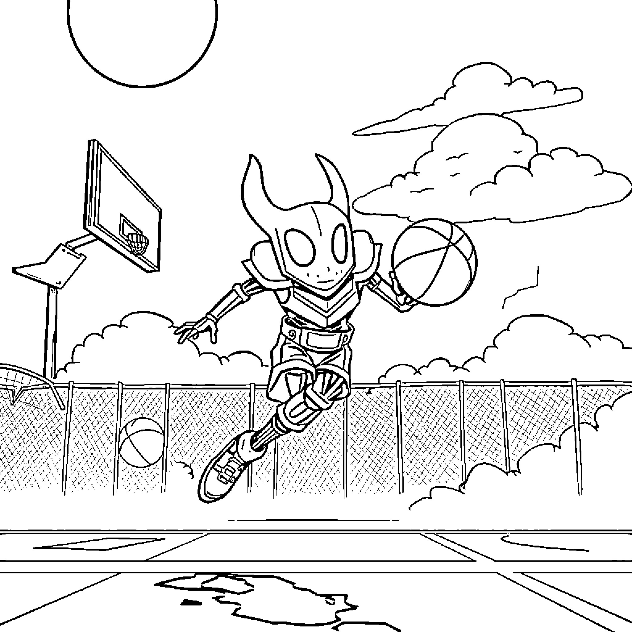 Hollow Knight playing basketball in the clouds Coloring Page (free black-and-white line drawing printable PDF for all, from beginners to advanced learners, including children, teens, adults, and seniors)