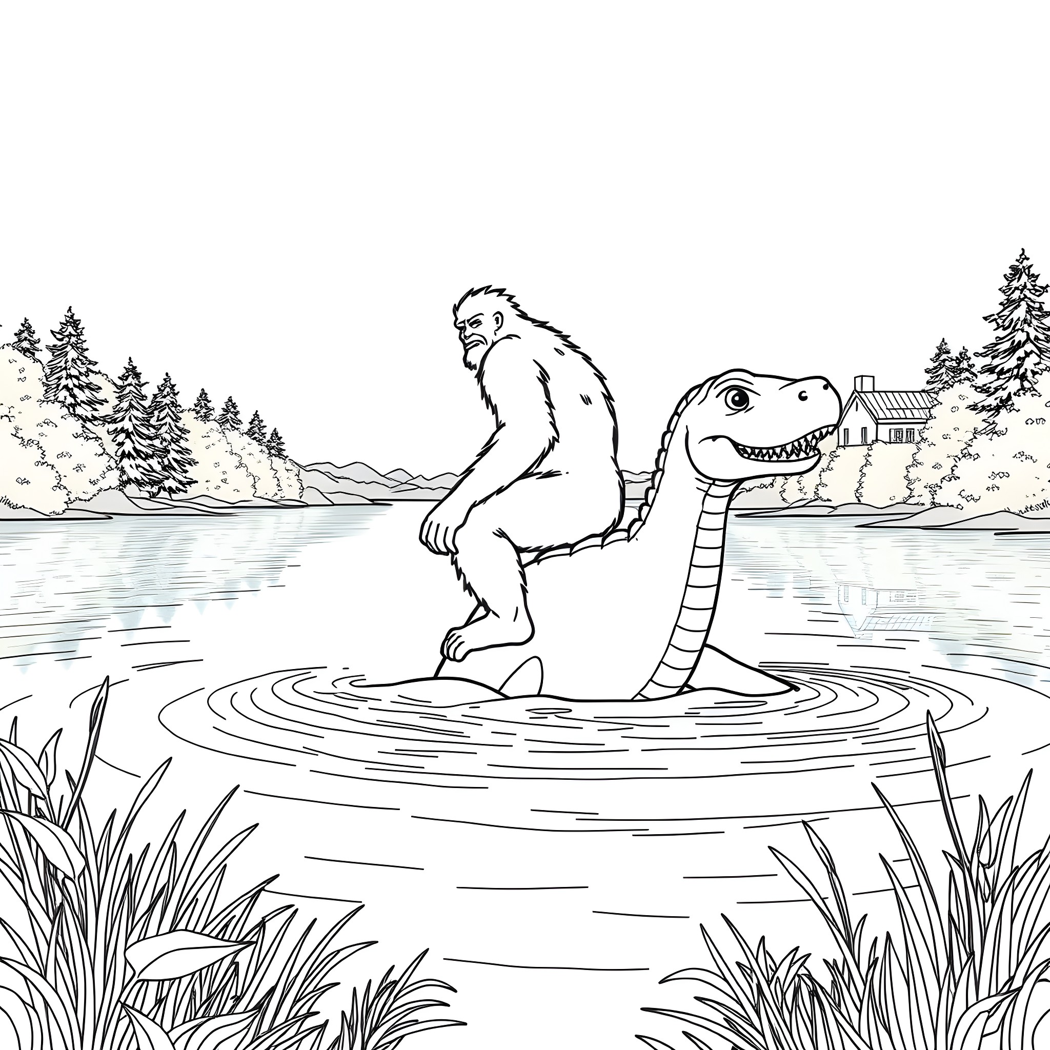 Bigfoot riding the Loch Ness Monster in a lake Coloring Page (free black-and-white line drawing printable PDF for all, from beginners to advanced learners, including children, teens, adults, and seniors)