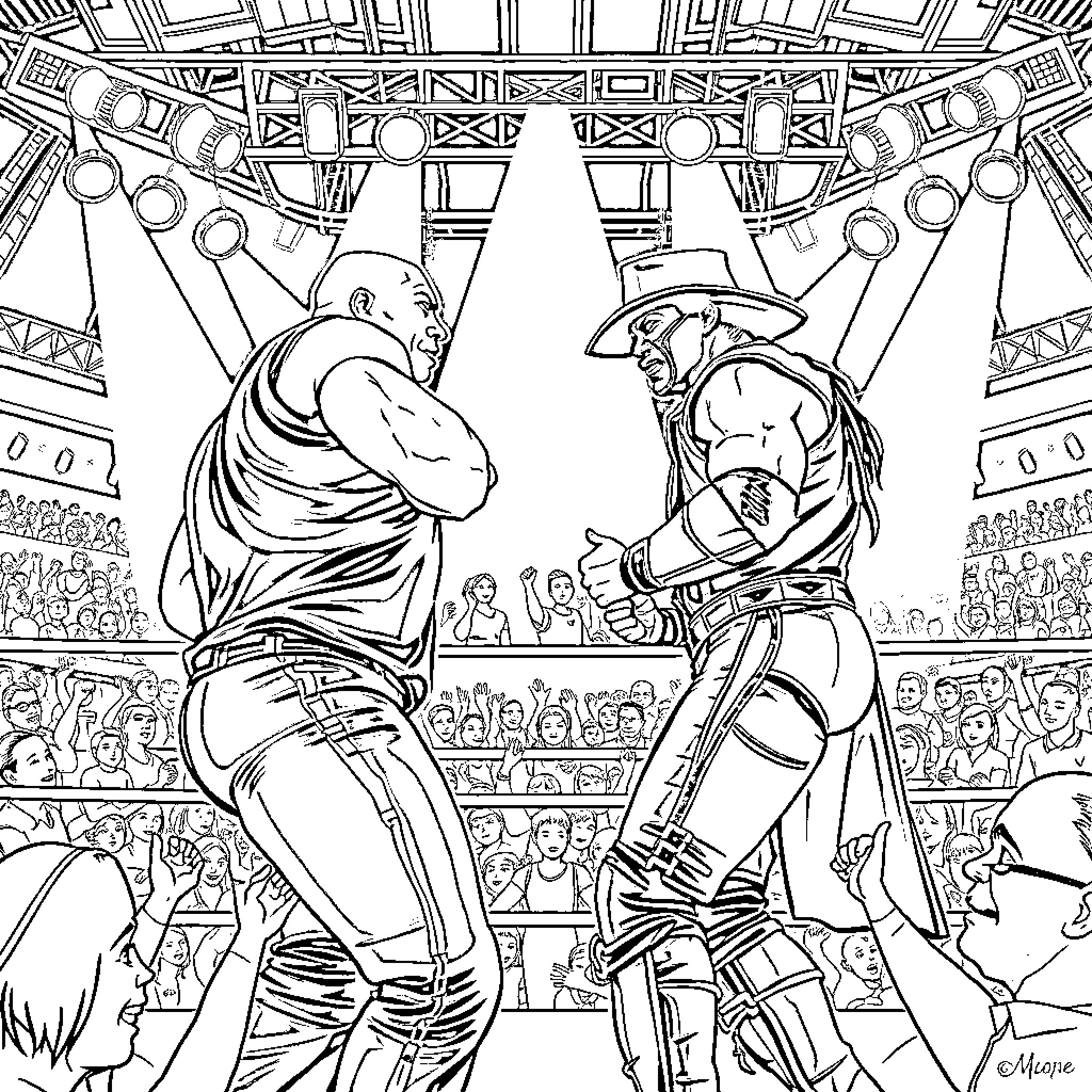 Wrestler Showdown in the Arena Coloring Page (free black-and-white line drawing printable PDF for all, from beginners to advanced learners, including children, teens, adults, and seniors)