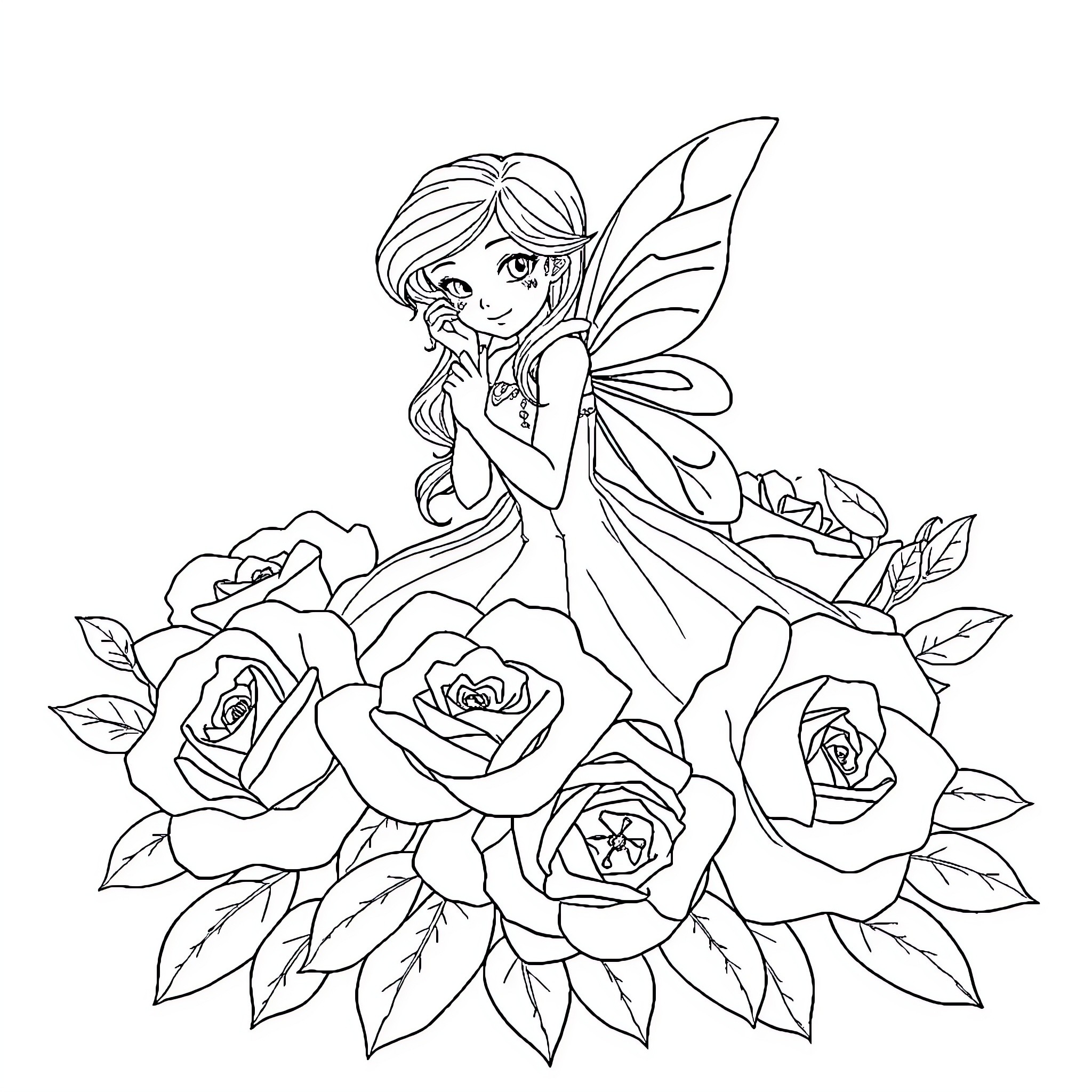 Fee's Enchanting Floral Embrace Coloring Page (free black-and-white line drawing printable PDF for all, from beginners to advanced learners, including children, teens, adults, and seniors)