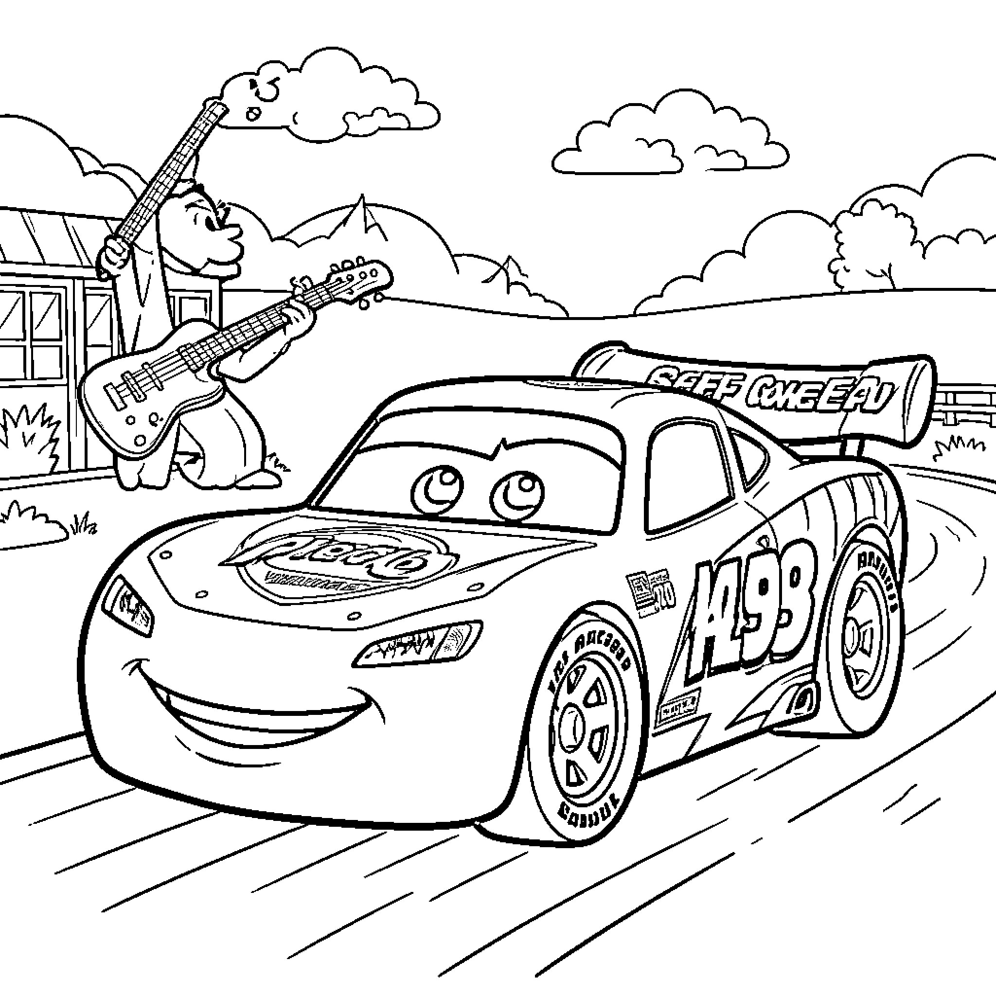 Car racing along while a character plays guitar Coloring Page (free black-and-white line drawing printable PDF for all, from beginners to advanced learners, including children, teens, adults, and seniors)