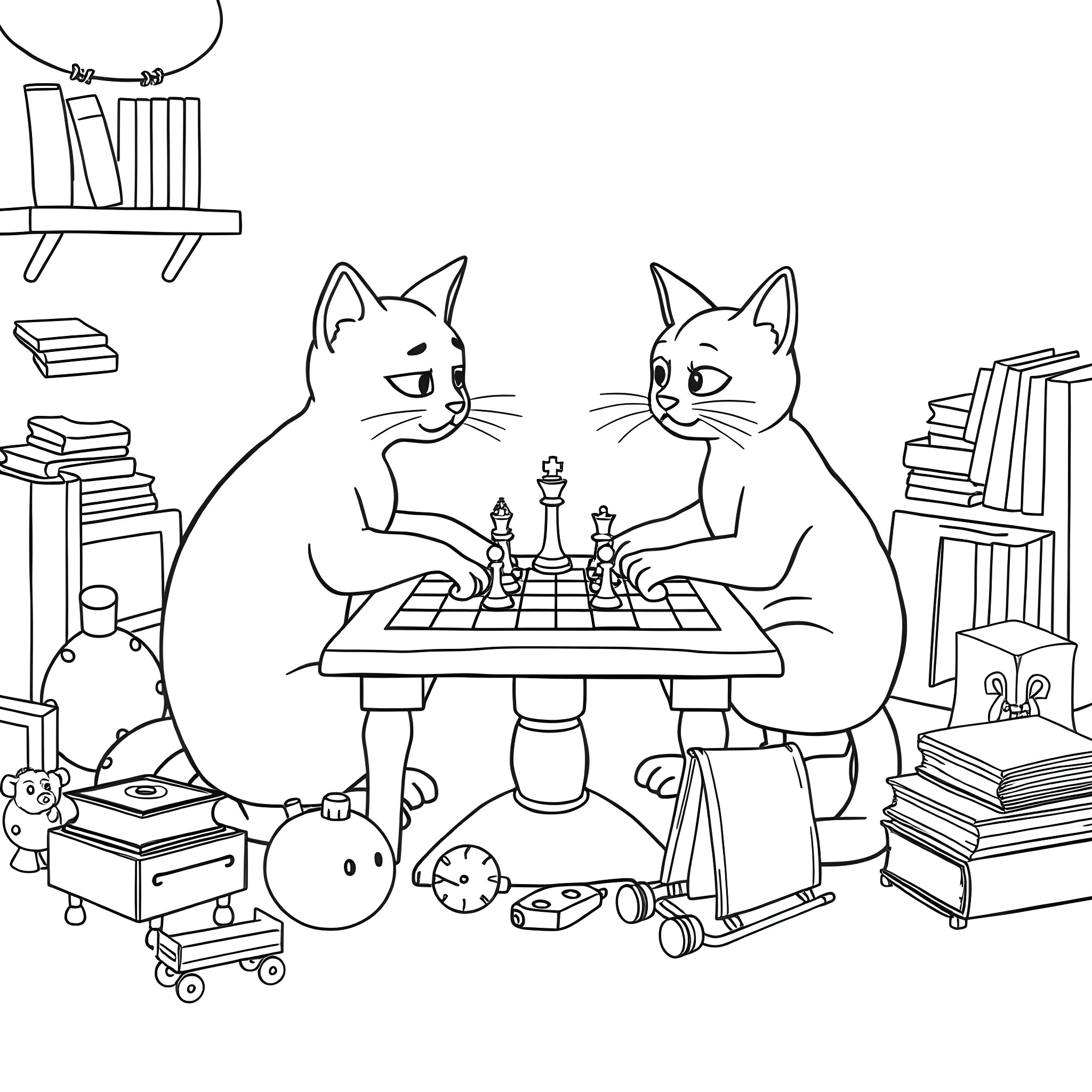 Bluey cats playing chess in a cozy study Coloring Page (free black-and-white line drawing printable PDF for all, from beginners to advanced learners, including children, teens, adults, and seniors)