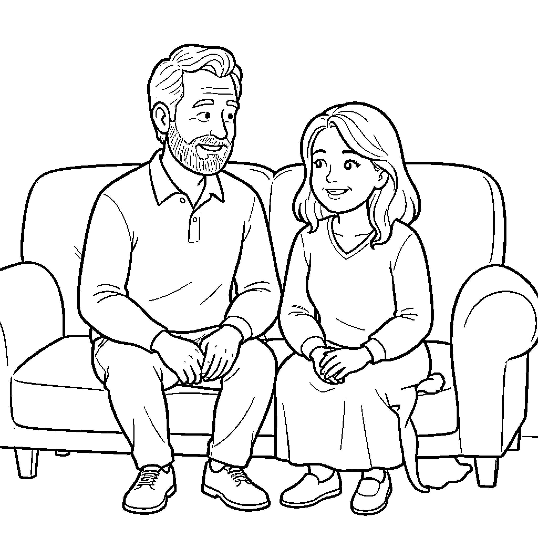 Dad sitting on a sofa talking to daughter Coloring Page (free black-and-white line drawing printable PDF for all, from beginners to advanced learners, including children, teens, adults, and seniors)