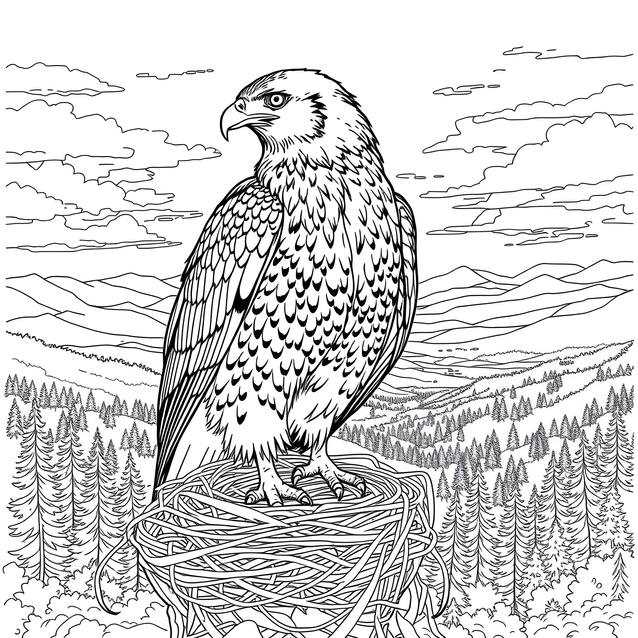 Hawk perched on nest in mountain landscape Coloring Page (free black-and-white line drawing printable PDF for all, from beginners to advanced learners, including children, teens, adults, and seniors)