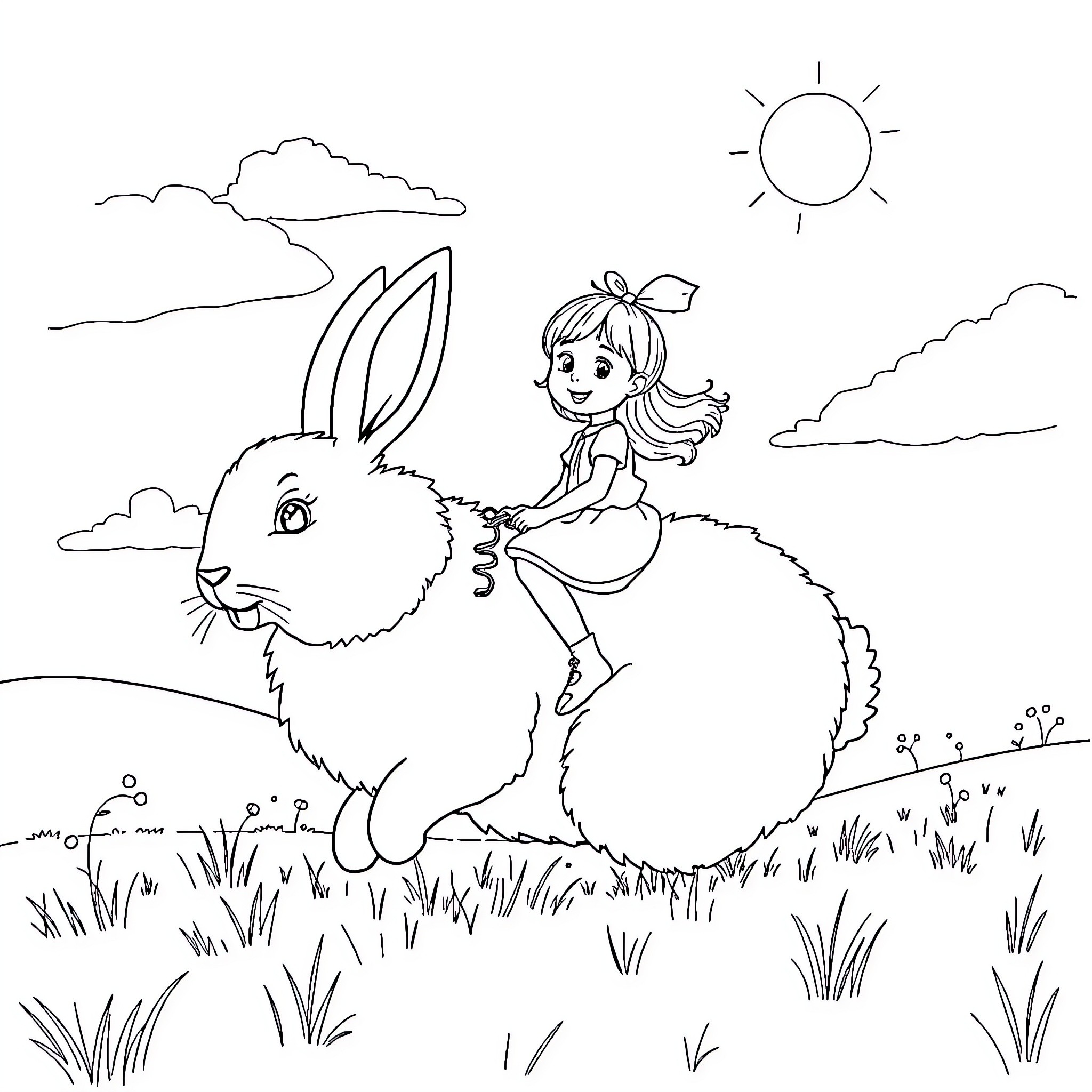 Girl riding on a giant rabbit in the meadow Coloring Page (free black-and-white line drawing printable PDF for all, from beginners to advanced learners, including children, teens, adults, and seniors)