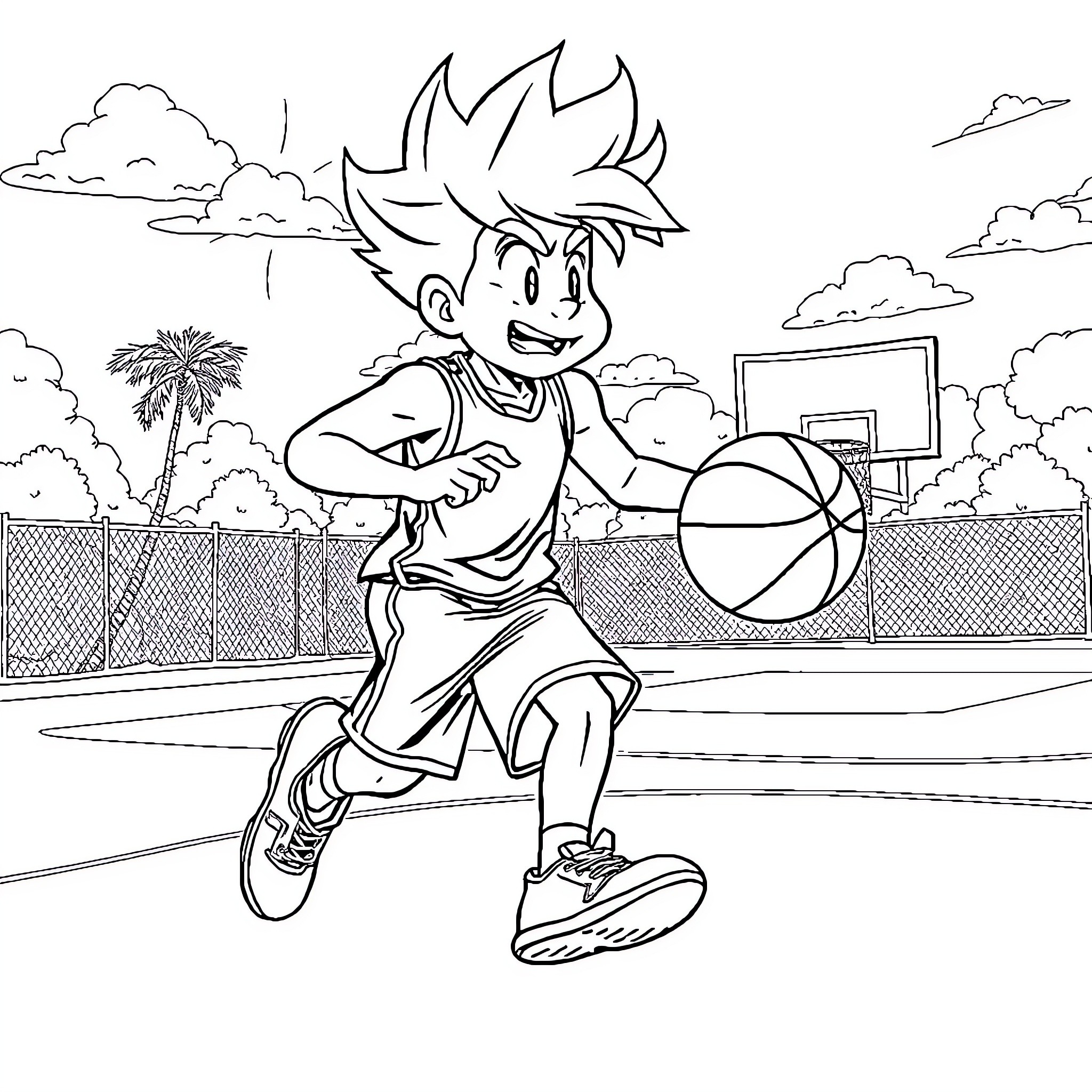 Cloud Strife playing basketball on the court Coloring Page (free black-and-white line drawing printable PDF for all, from beginners to advanced learners, including children, teens, adults, and seniors)