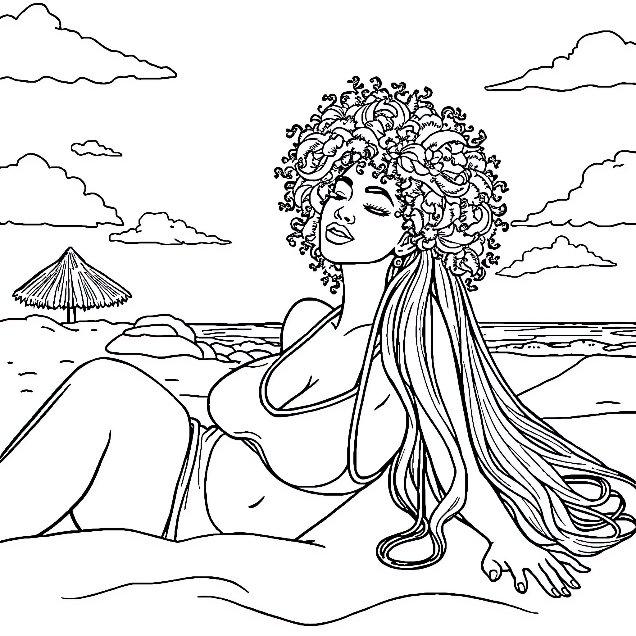 Woman in Floral Headdress Relaxing on the Beach Coloring Page (free black-and-white line drawing printable PDF for all, from beginners to advanced learners, including children, teens, adults, and seniors)
