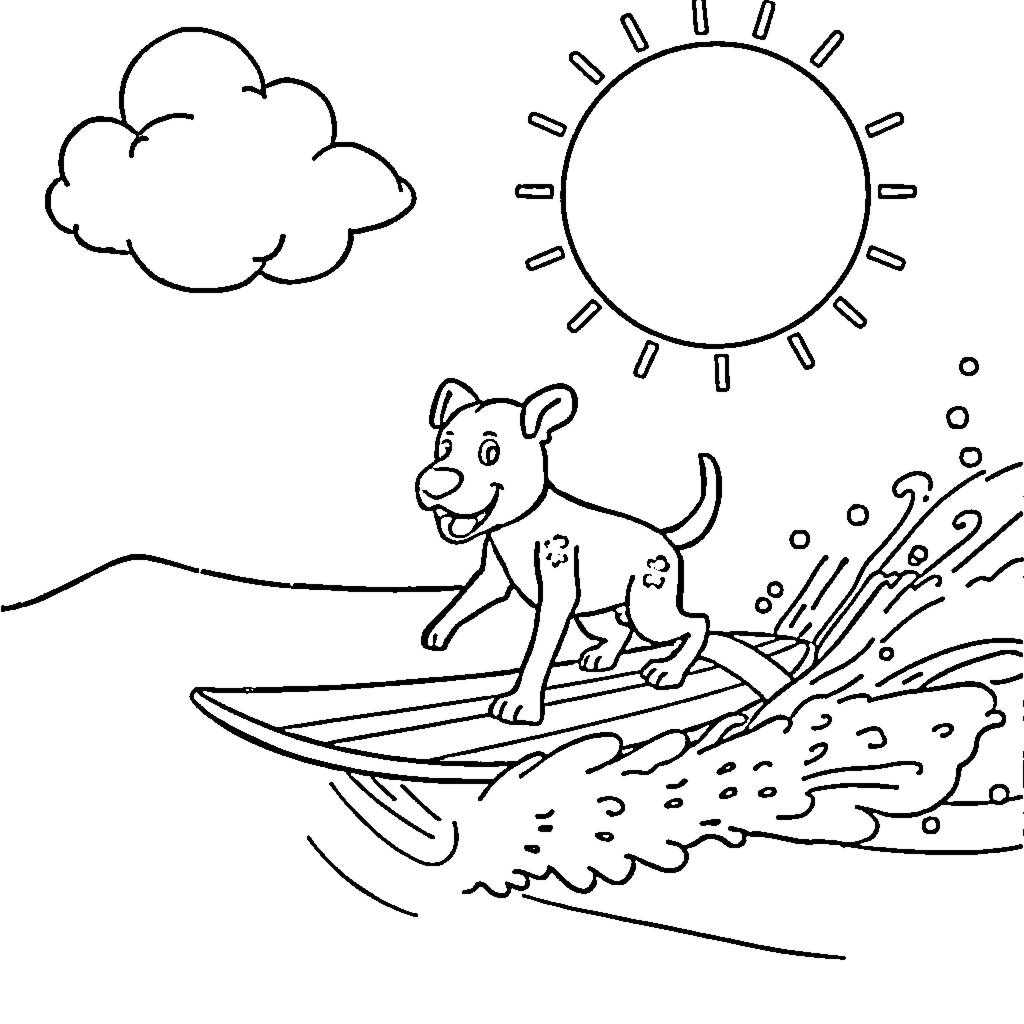 Dog surfing on the waves Coloring Page (free black-and-white line drawing printable PDF for all, from beginners to advanced learners, including children, teens, adults, and seniors)