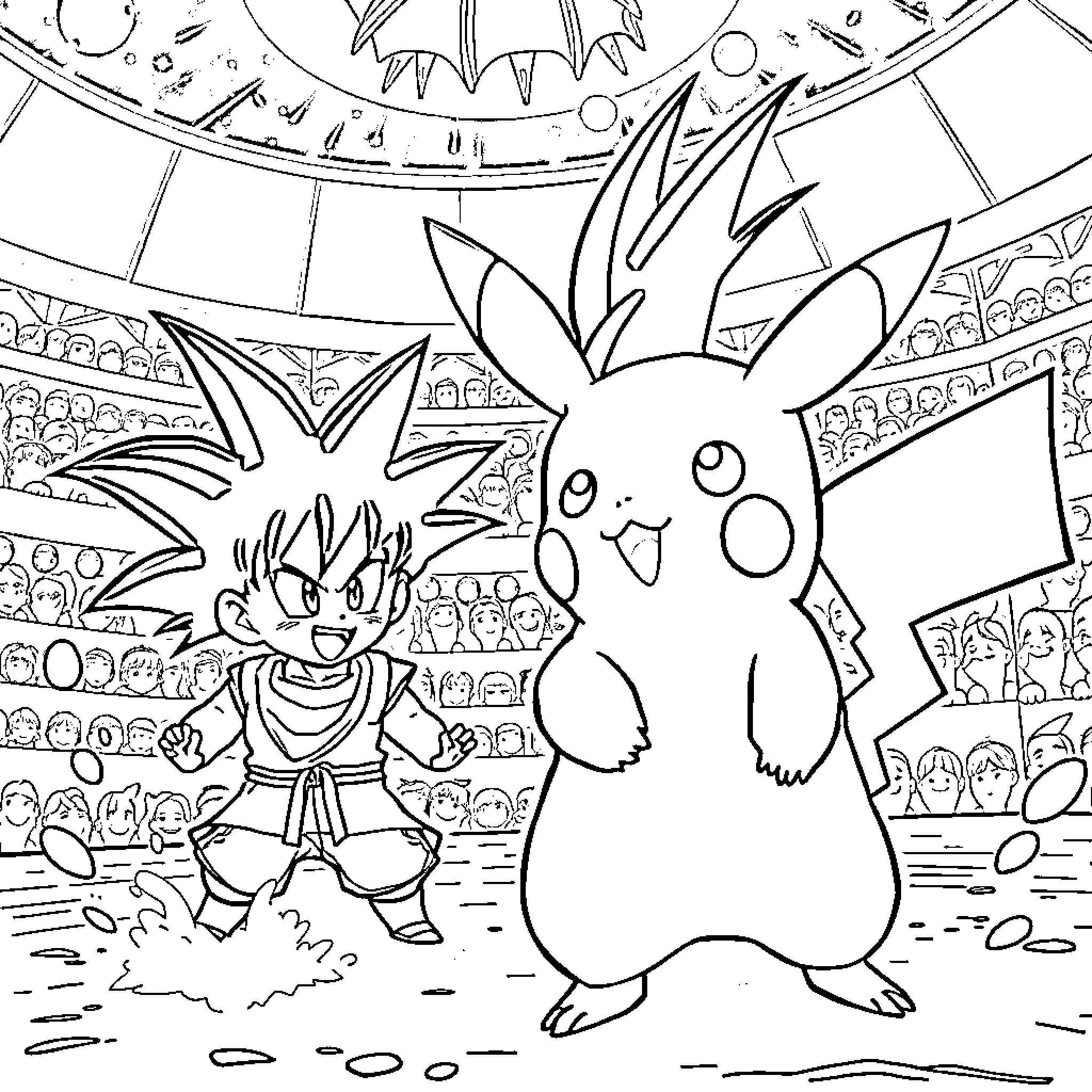Pikachu cheering on a young anime character Coloring Page (free black-and-white line drawing printable PDF for all, from beginners to advanced learners, including children, teens, adults, and seniors)