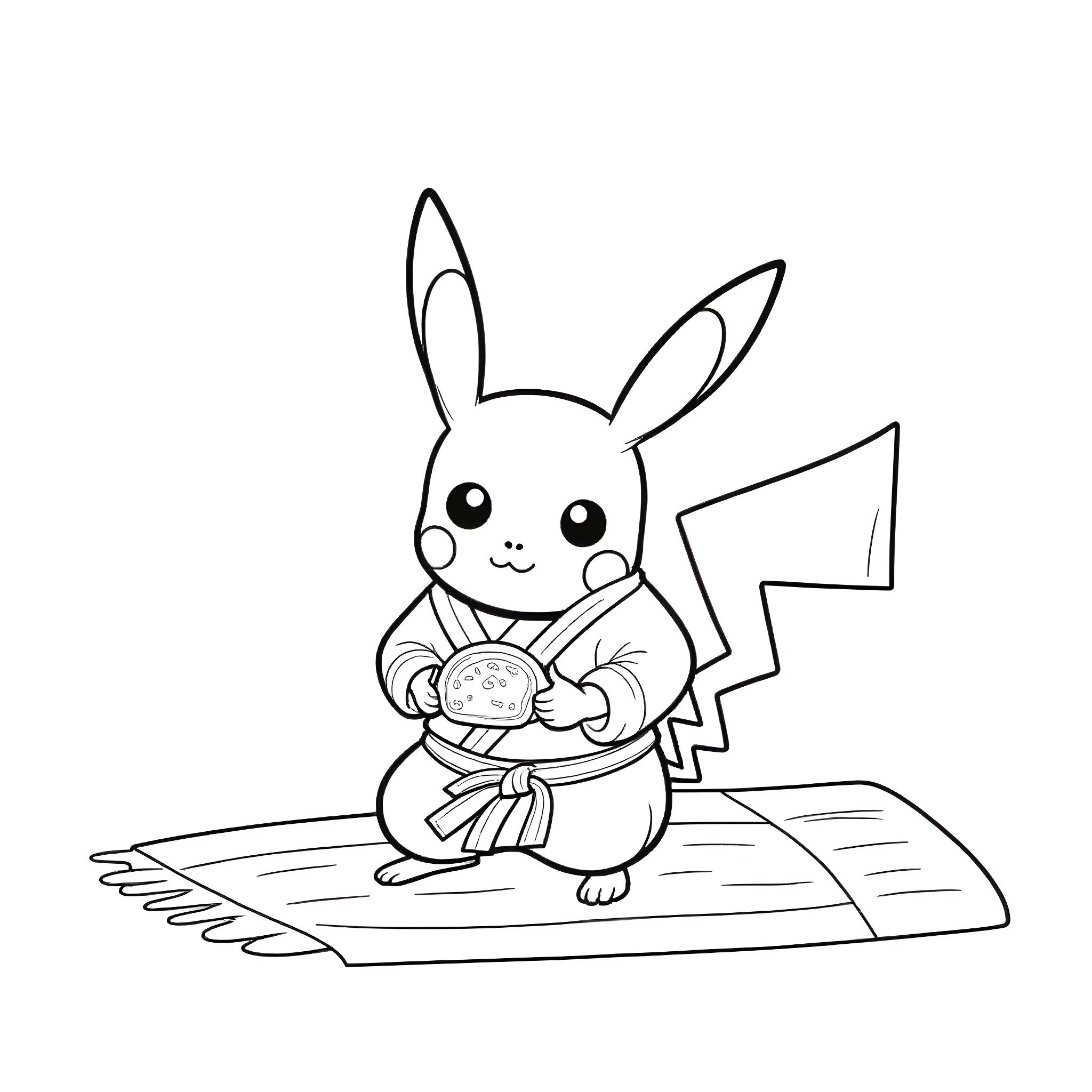 Pikachu enjoying a burger on a flying carpet Coloring Page (free black-and-white line drawing printable PDF for all, from beginners to advanced learners, including children, teens, adults, and seniors)
