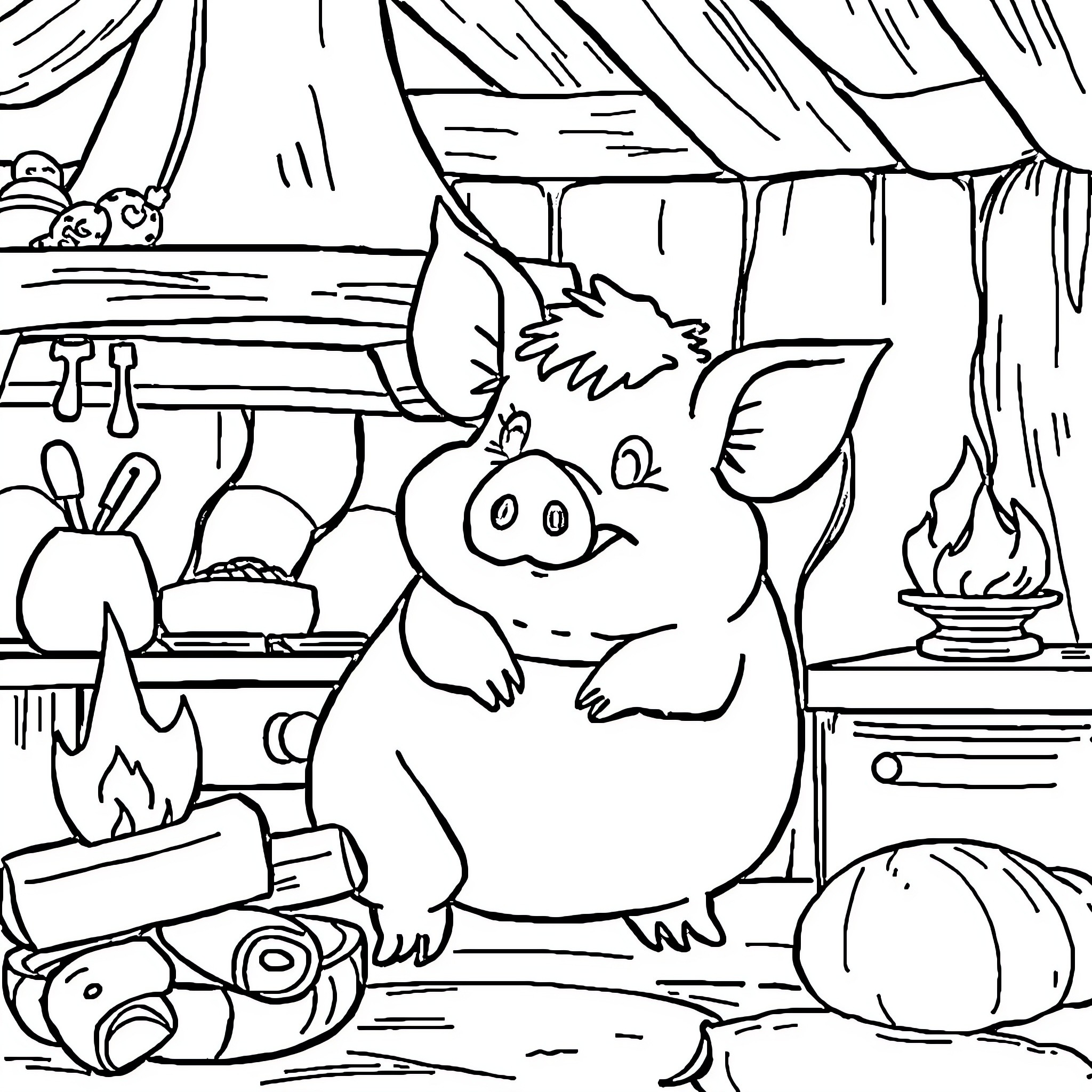 Pig cooking in a cozy kitchen Coloring Page (free black-and-white line drawing printable PDF for all, from beginners to advanced learners, including children, teens, adults, and seniors)
