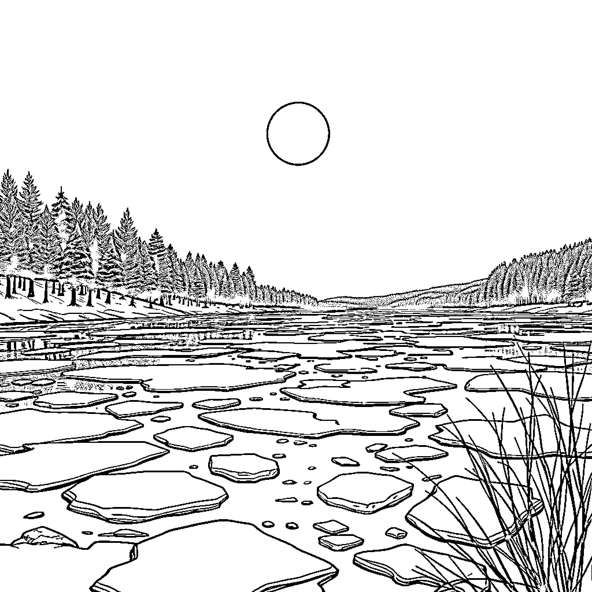 Frozen river flowing through snowy forest landscape Coloring Page (free black-and-white line drawing printable PDF for all, from beginners to advanced learners, including children, teens, adults, and seniors)