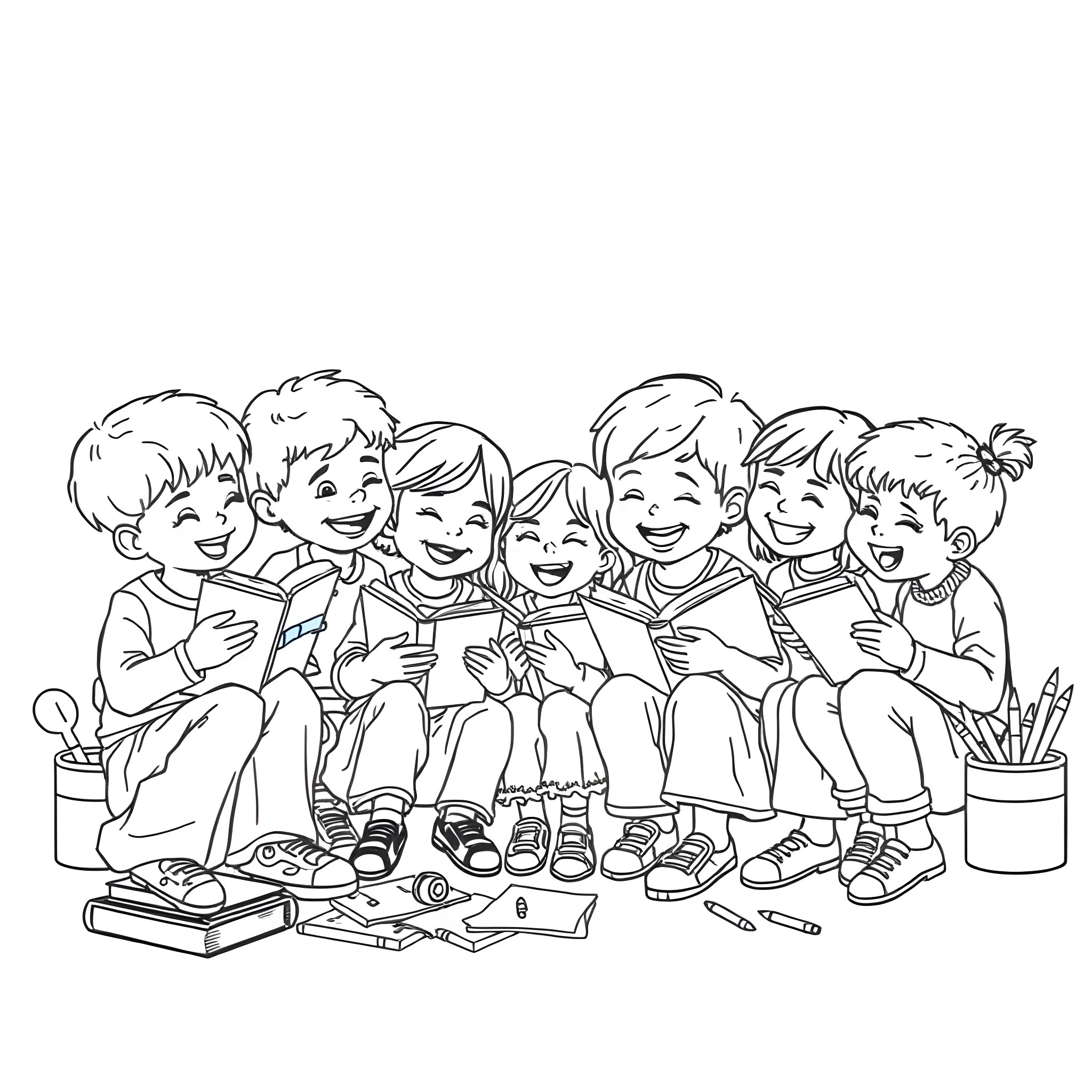 Child friends enjoying art and crafts together Coloring Page (free black-and-white line drawing printable PDF for all, from beginners to advanced learners, including children, teens, adults, and seniors)