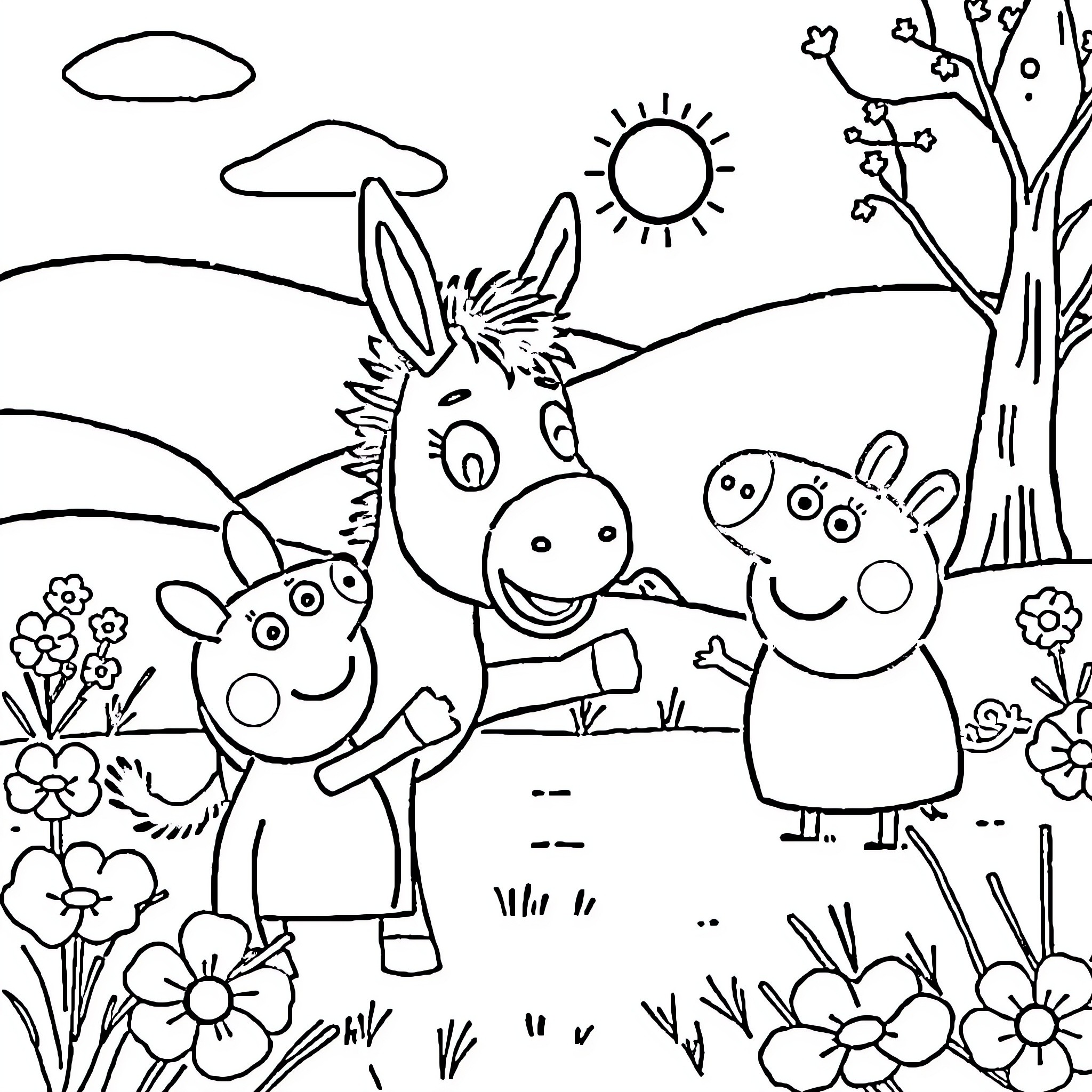 Trotro and friends playing in the meadow Coloring Page (free black-and-white line drawing printable PDF for all, from beginners to advanced learners, including children, teens, adults, and seniors)