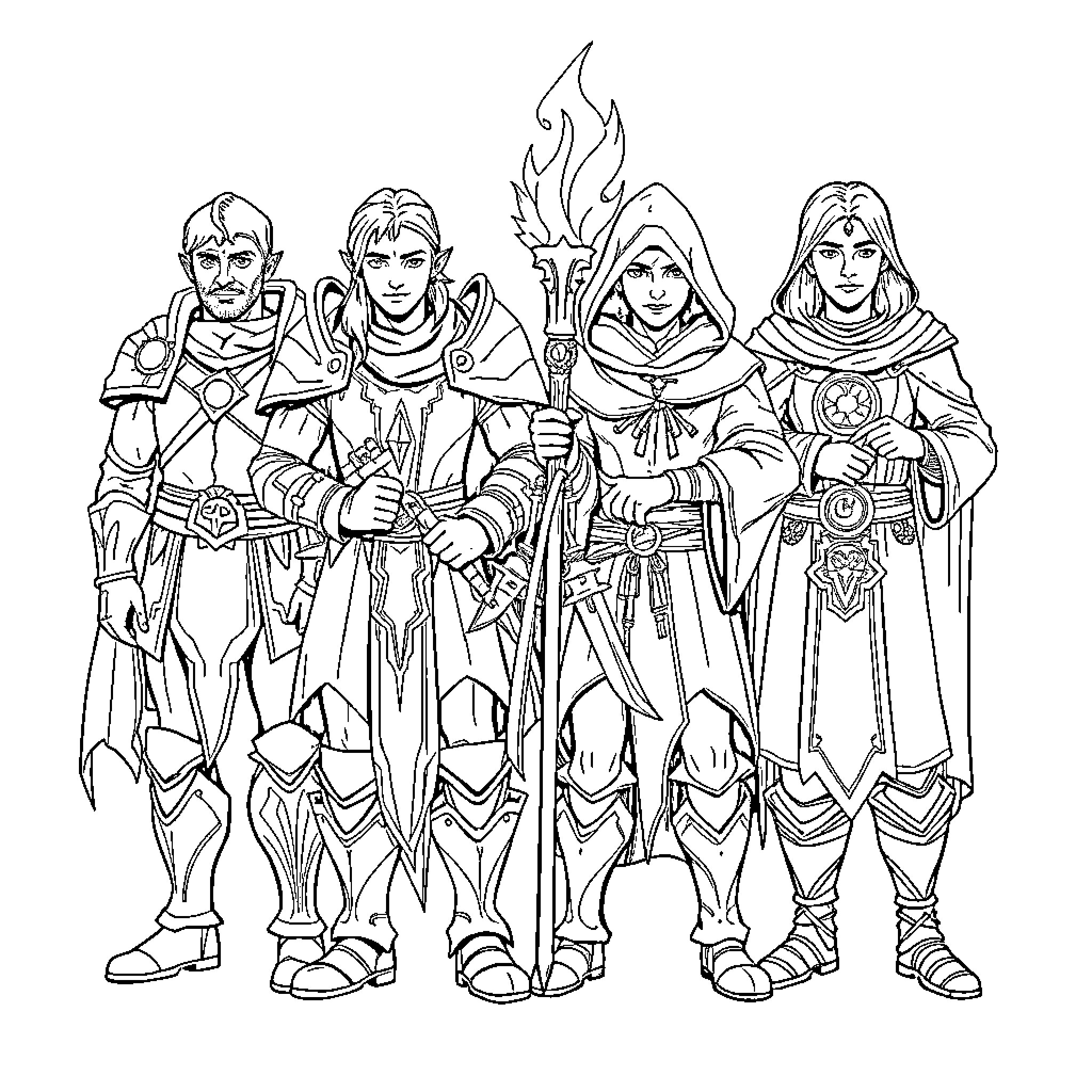 Adventurer group of fantasy warriors in battle gear Coloring Page (free black-and-white line drawing printable PDF for all, from beginners to advanced learners, including children, teens, adults, and seniors)