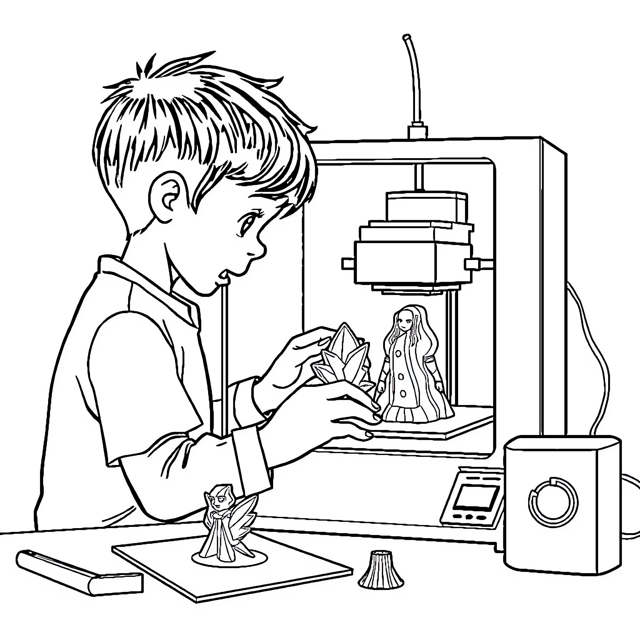 Kid printing 3D figures in workshop Coloring Page (free black-and-white line drawing printable PDF for all, from beginners to advanced learners, including children, teens, adults, and seniors)