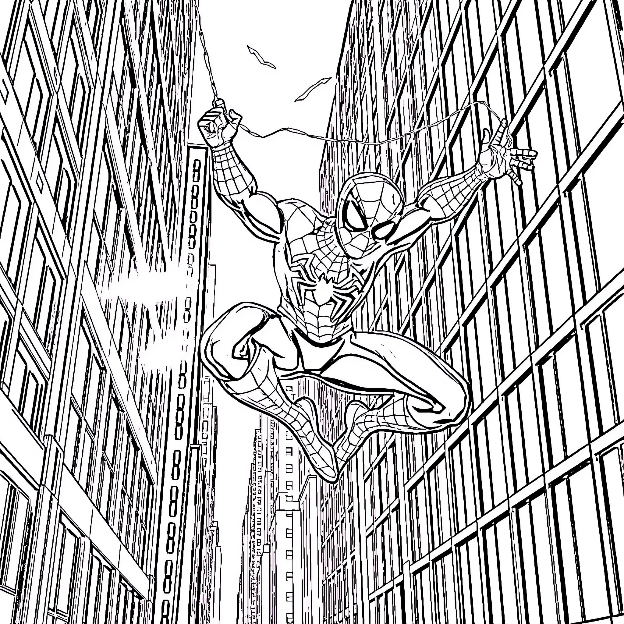 Spiderman swinging through the city skyscrapers Coloring Page (free black-and-white line drawing printable PDF for all, from beginners to advanced learners, including children, teens, adults, and seniors)
