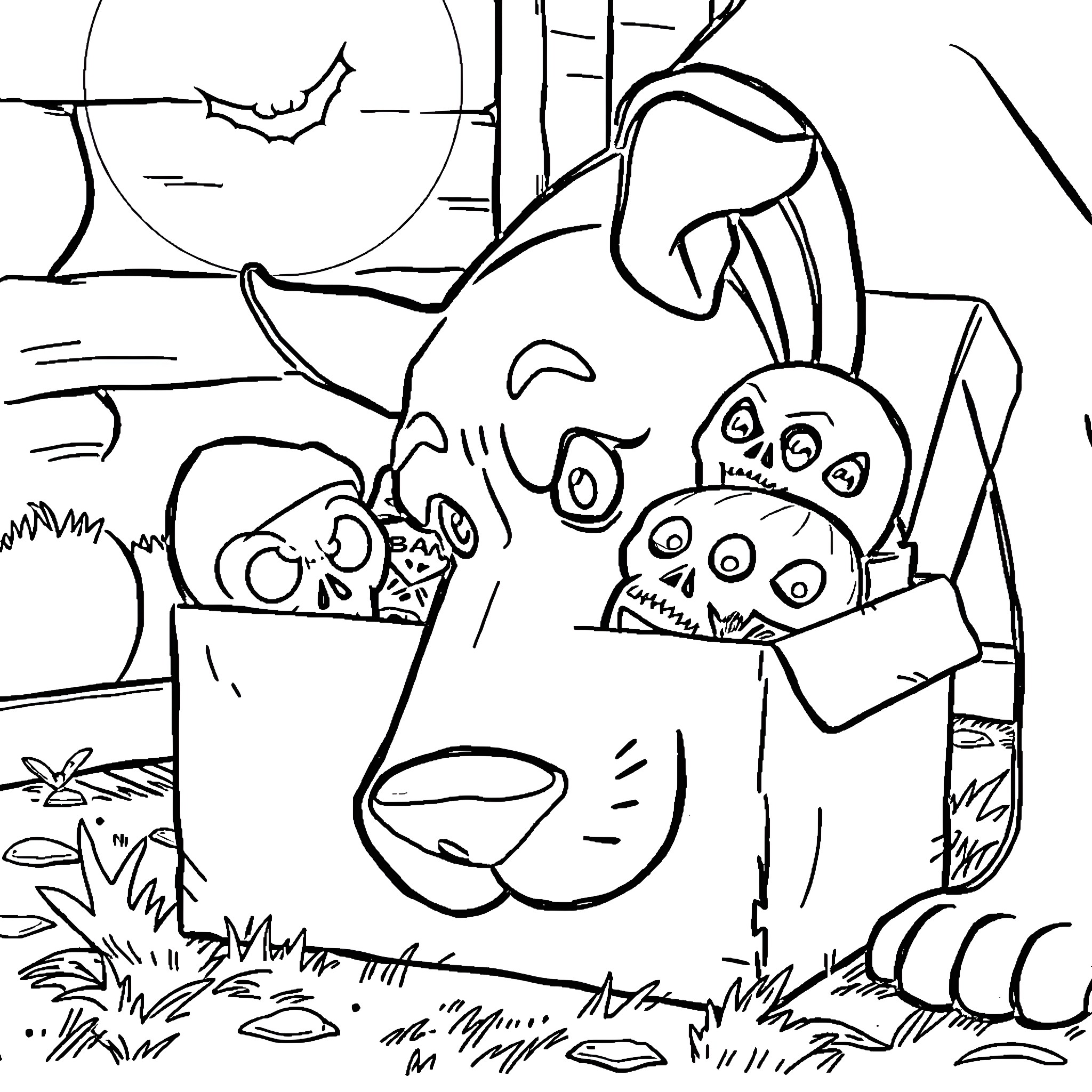 Scooby Doo and friends explore a spooky forest Coloring Page (free black-and-white line drawing printable PDF for all, from beginners to advanced learners, including children, teens, adults, and seniors)