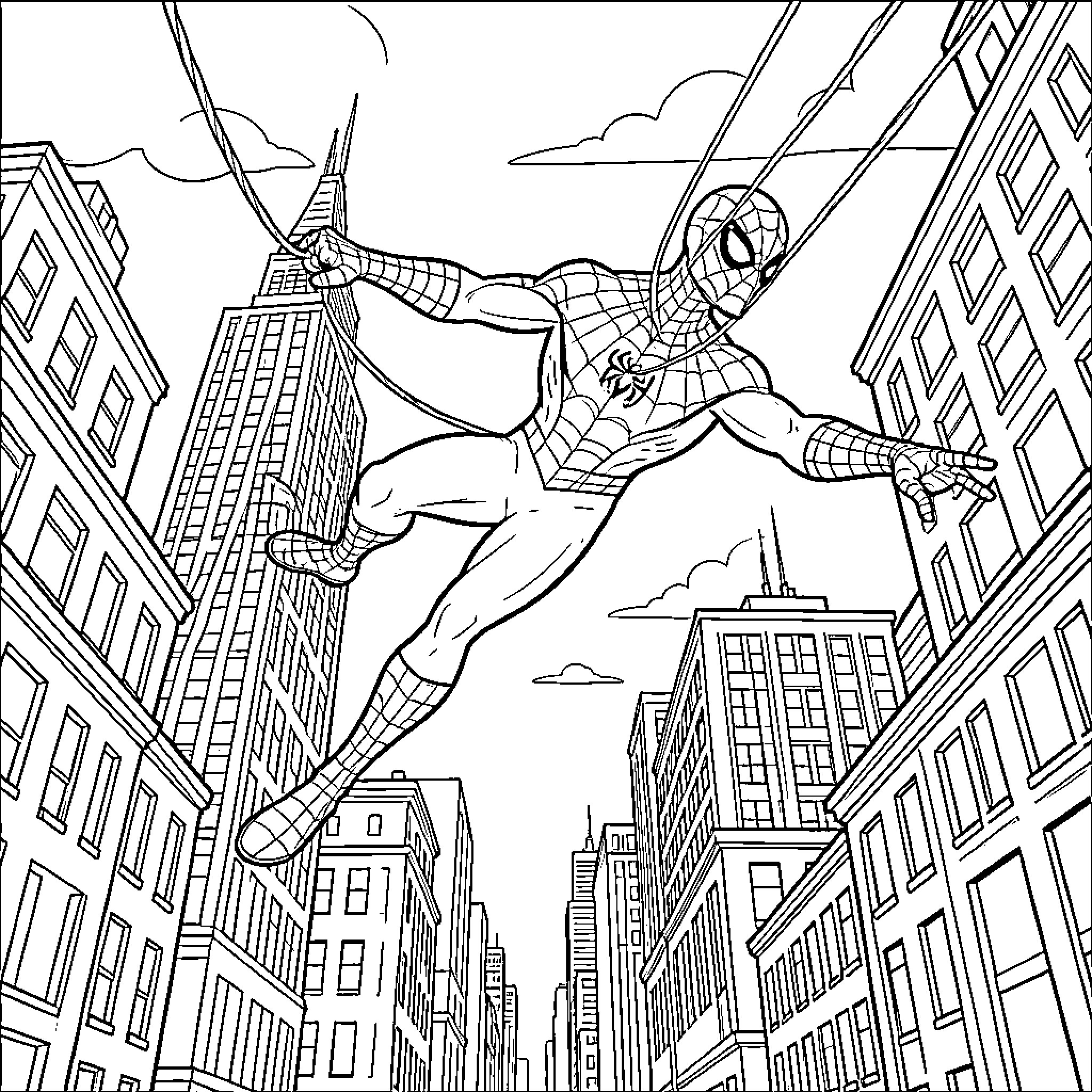 Spider-Man swinging through a city of tall buildings Coloring Page (free black-and-white line drawing printable PDF for all, from beginners to advanced learners, including children, teens, adults, and seniors)