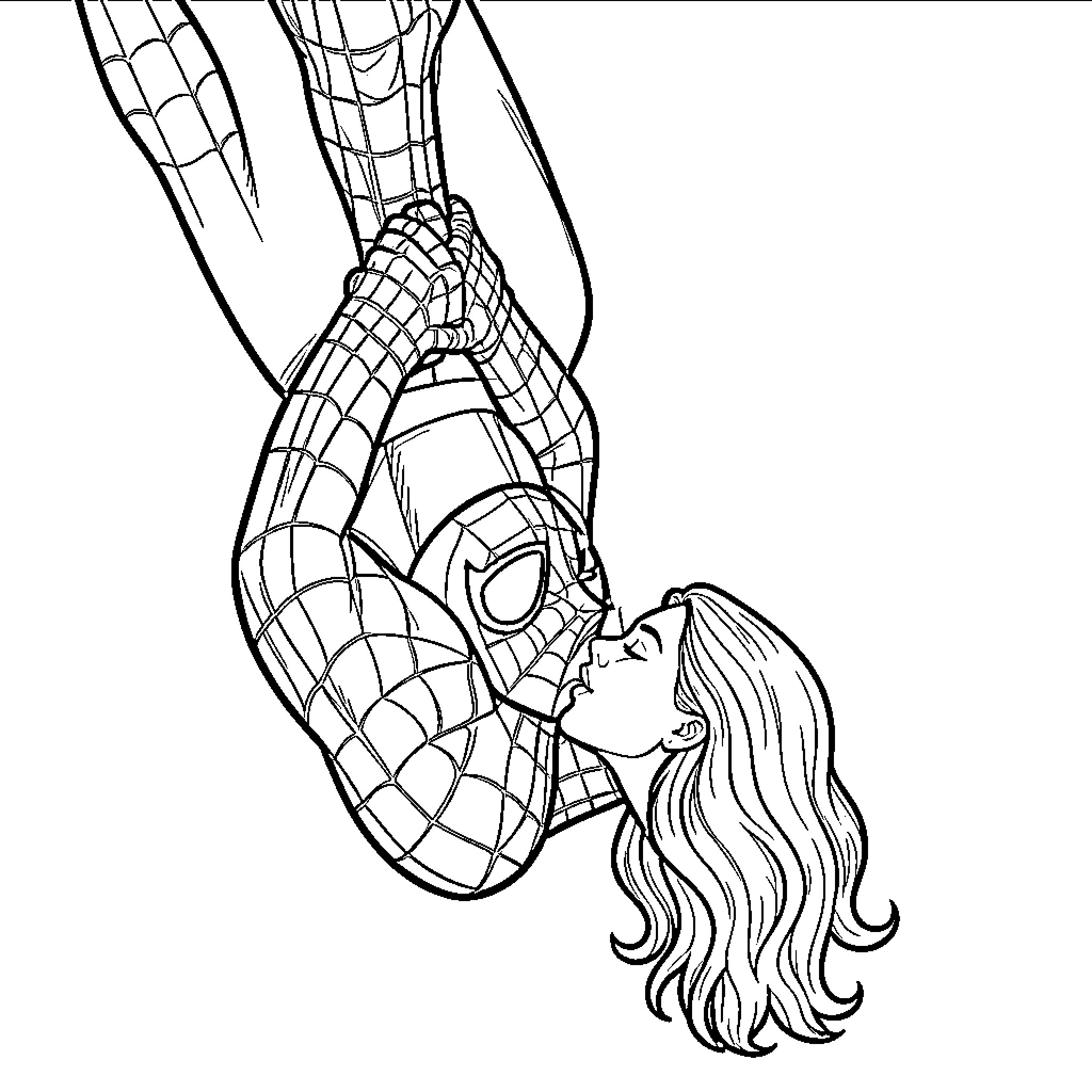 Spiderman upside down sharing a kiss with a woman Coloring Page (free black-and-white line drawing printable PDF for all, from beginners to advanced learners, including children, teens, adults, and seniors)
