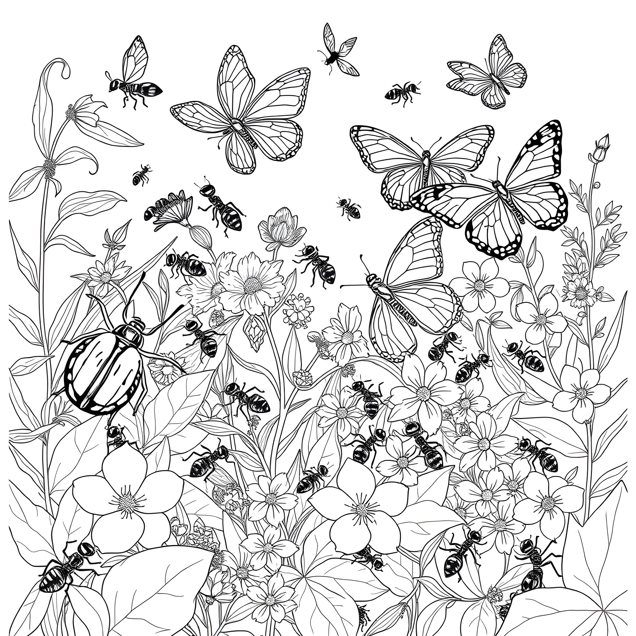 Bug-filled Garden of Enchanting Creatures Coloring Page (free black-and-white line drawing printable PDF for all, from beginners to advanced learners, including children, teens, adults, and seniors)