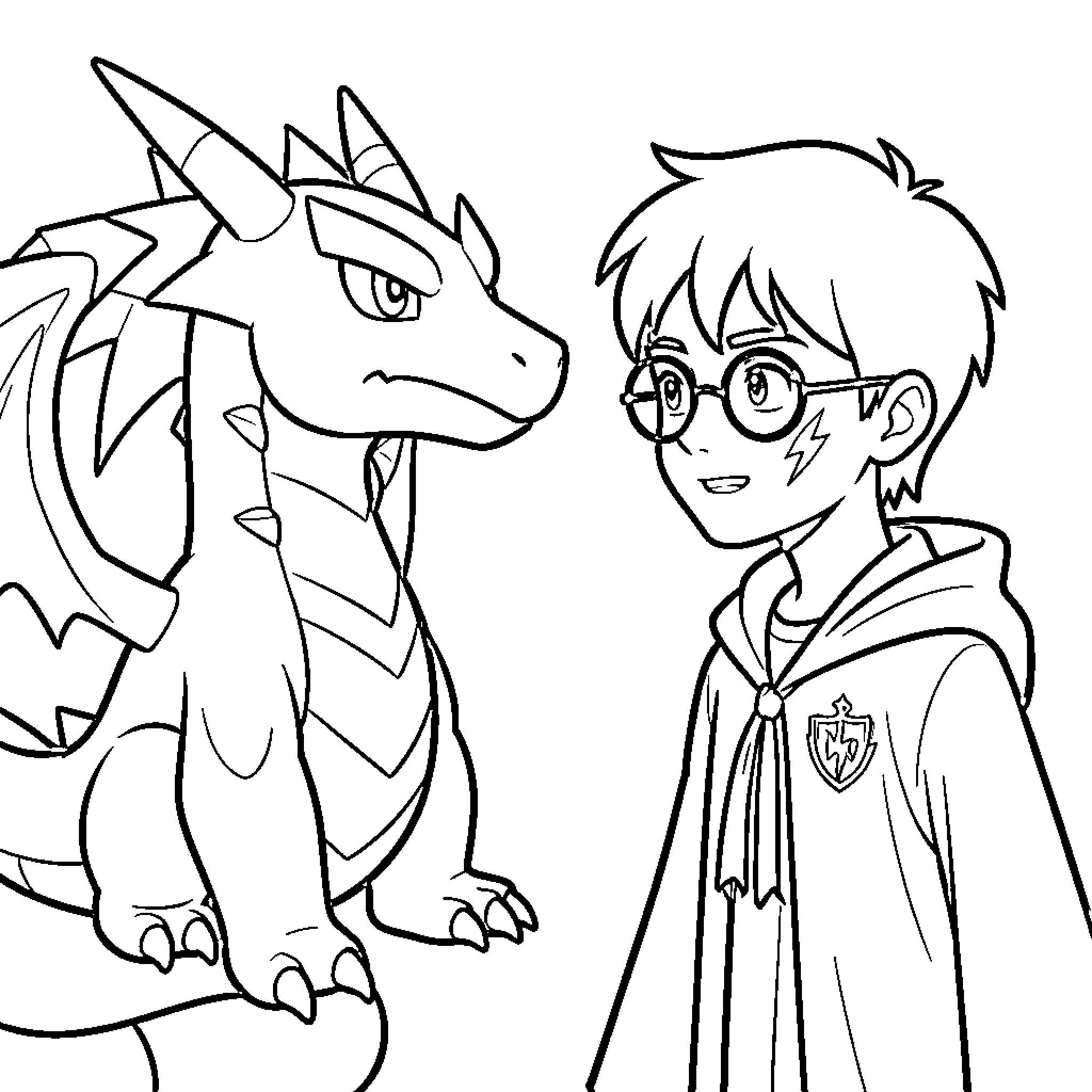 Pokémon Trainer Interacting with Powerful Dragon Coloring Page (free black-and-white line drawing printable PDF for all, from beginners to advanced learners, including children, teens, adults, and seniors)