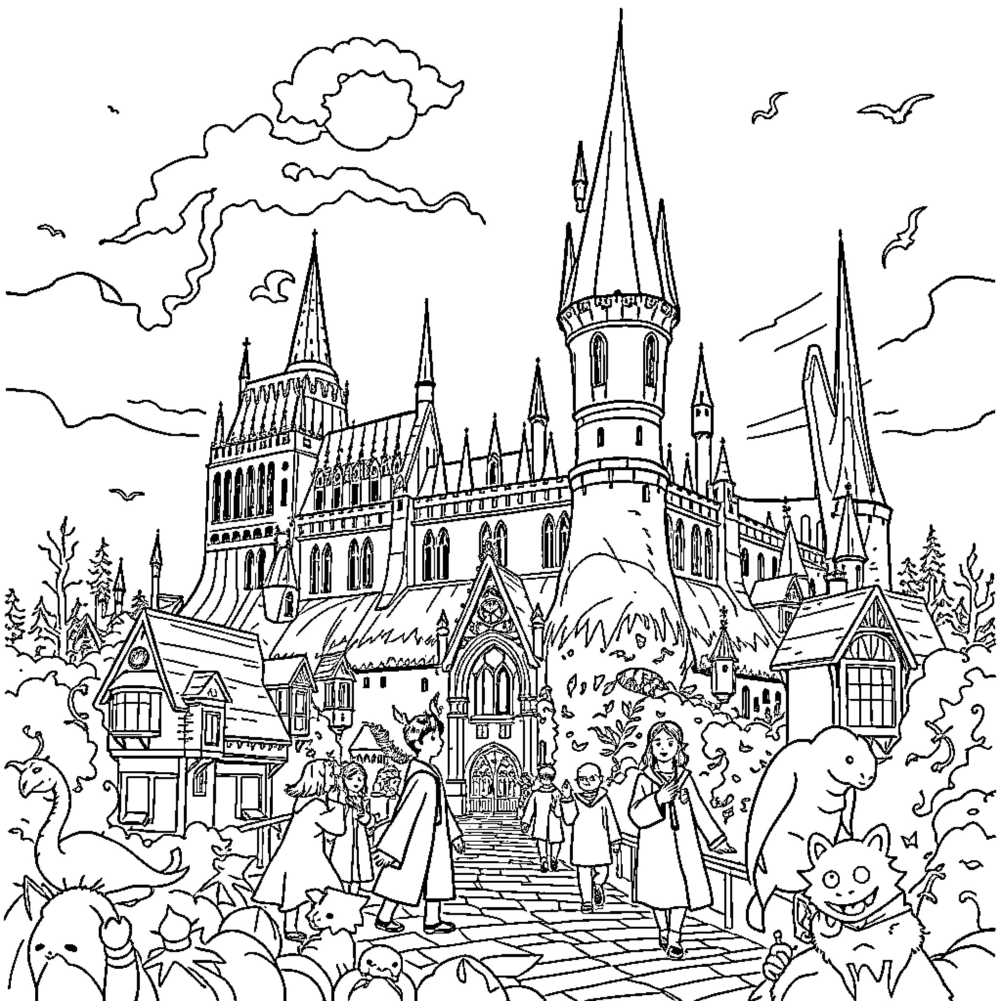 Hogwarts Castle and Wizarding Village Scene Coloring Page (free black-and-white line drawing printable PDF for all, from beginners to advanced learners, including children, teens, adults, and seniors)