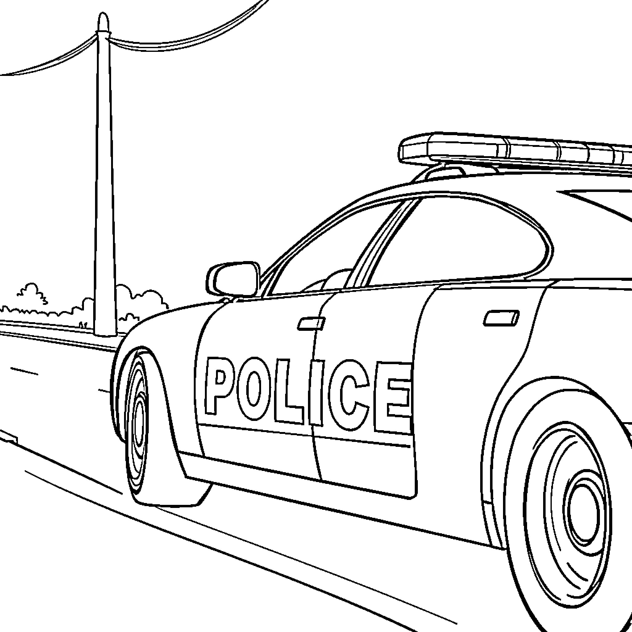 Police Car Pursuing a Vehicle in a Cityscape Coloring Page (free black-and-white line drawing printable PDF for all, from beginners to advanced learners, including children, teens, adults, and seniors)