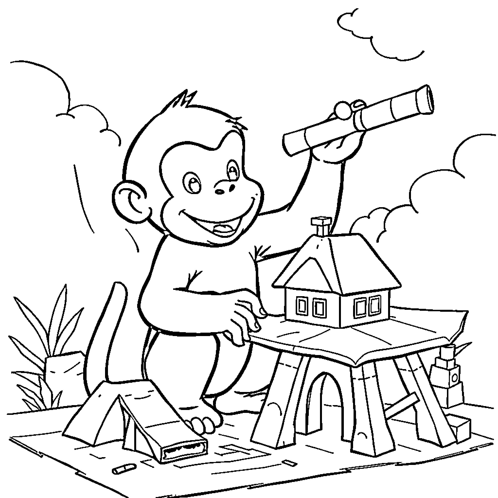 Curious George Exploring with Telescope and Campsite Coloring Page (free black-and-white line drawing printable PDF for all, from beginners to advanced learners, including children, teens, adults, and seniors)
