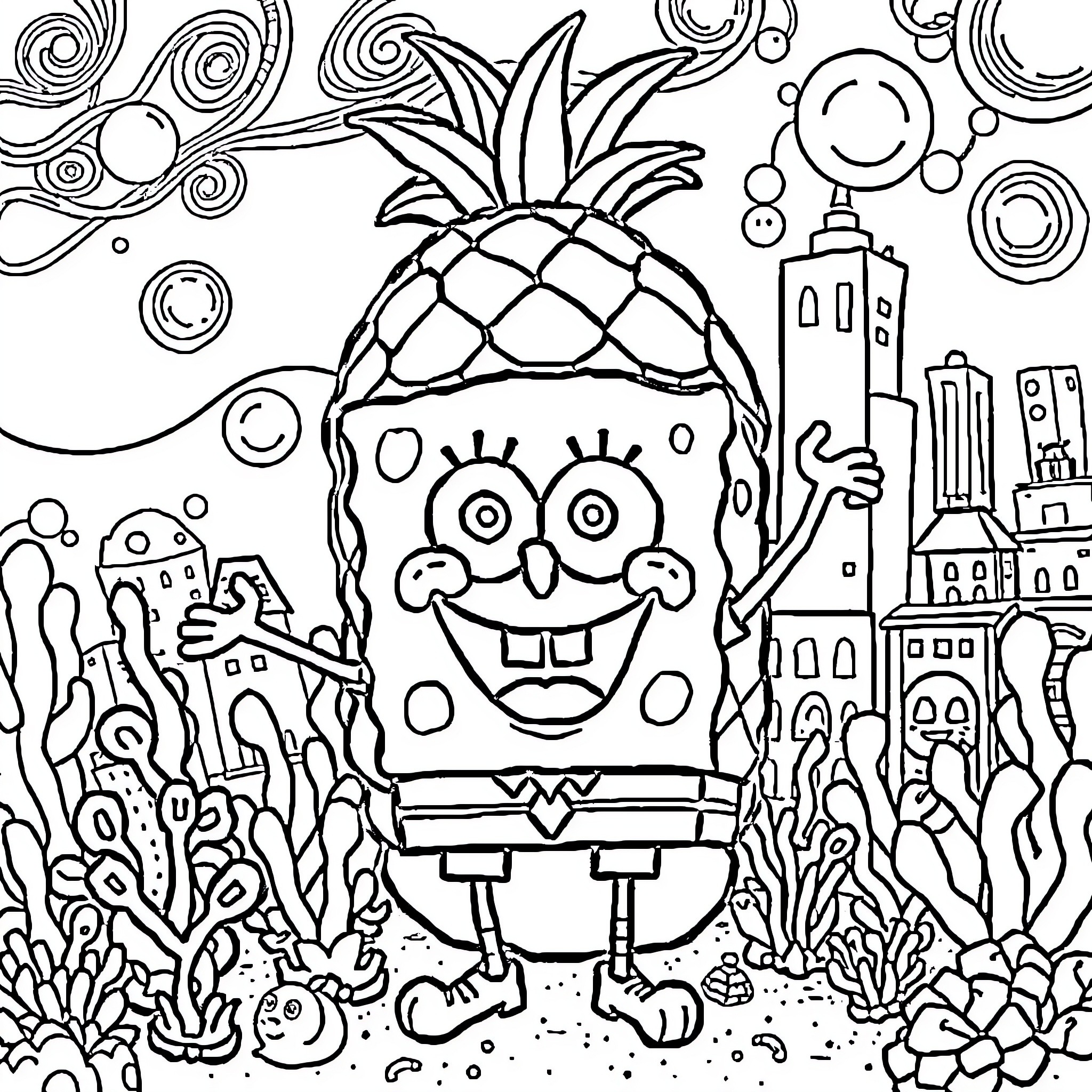 Spongebob's Whimsical Ocean Adventure Coloring Page (free black-and-white line drawing printable PDF for all, from beginners to advanced learners, including children, teens, adults, and seniors)