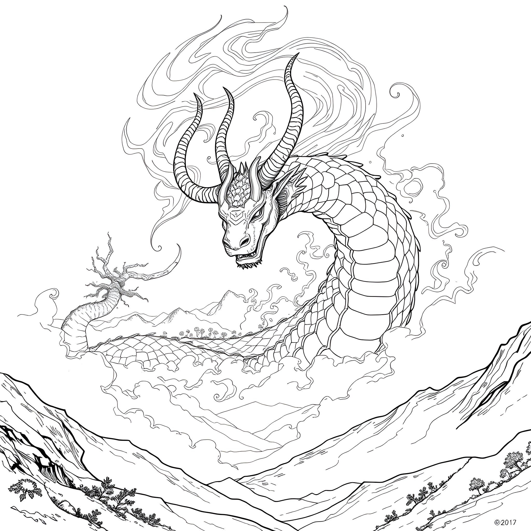 Uktena, the Serpent Spirit Unleashed in the Mountain Peaks Coloring Page (free black-and-white line drawing printable PDF for all, from beginners to advanced learners, including children, teens, adults, and seniors)