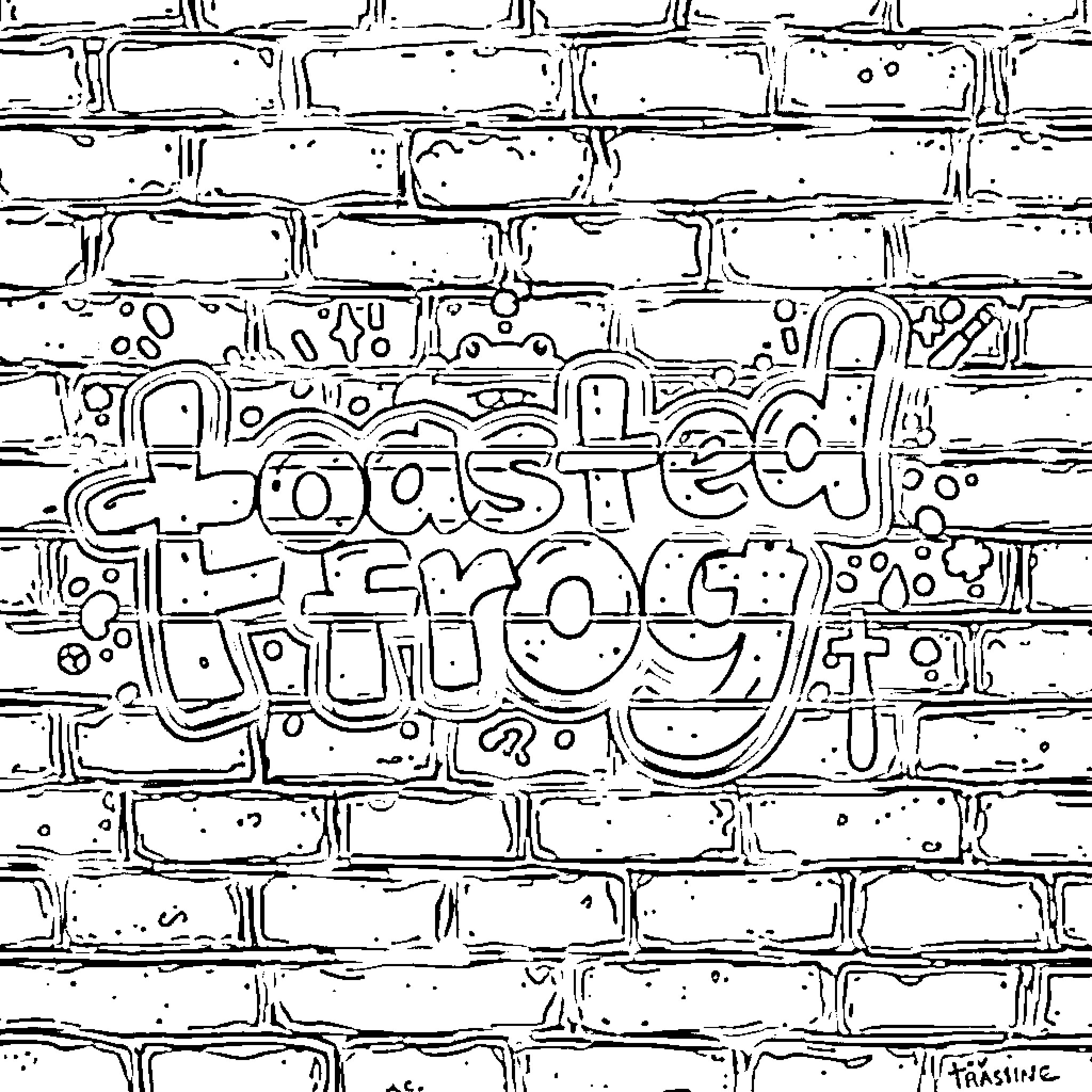 Frog-themed graffiti on brick wall Coloring Page (free black-and-white line drawing printable PDF for all, from beginners to advanced learners, including children, teens, adults, and seniors)