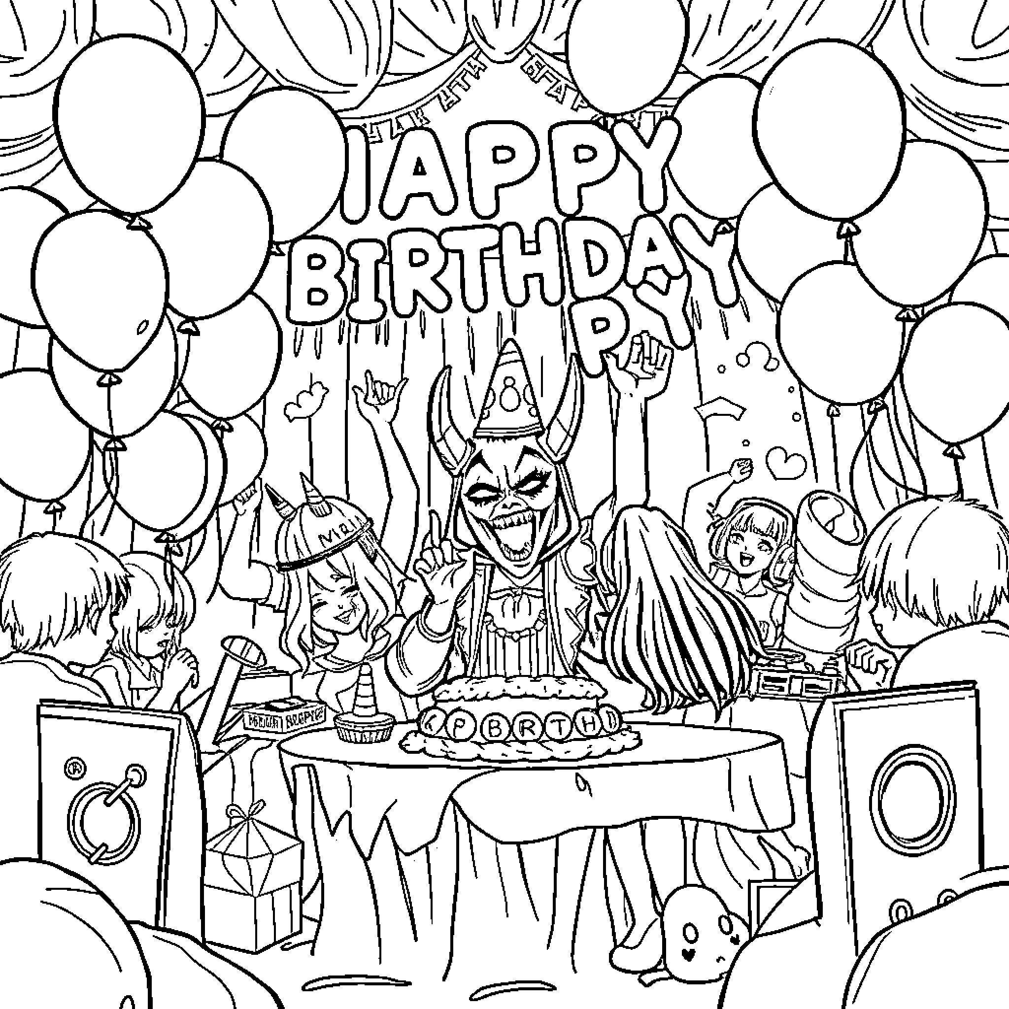 Demon Hunter Celebrates Joyous Birthday Party Coloring Page (free black-and-white line drawing printable PDF for all, from beginners to advanced learners, including children, teens, adults, and seniors)