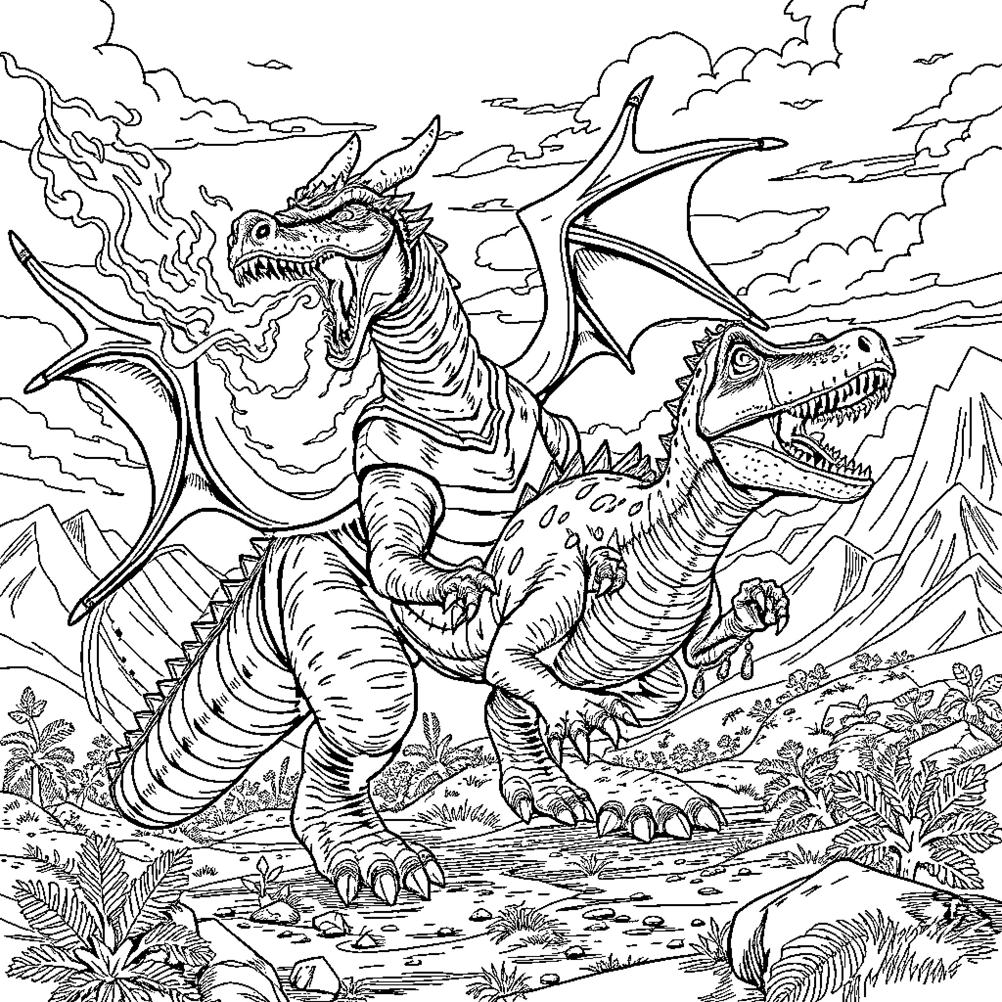 Dragons fighting in a fantastical landscape Coloring Page (free black-and-white line drawing printable PDF for all, from beginners to advanced learners, including children, teens, adults, and seniors)