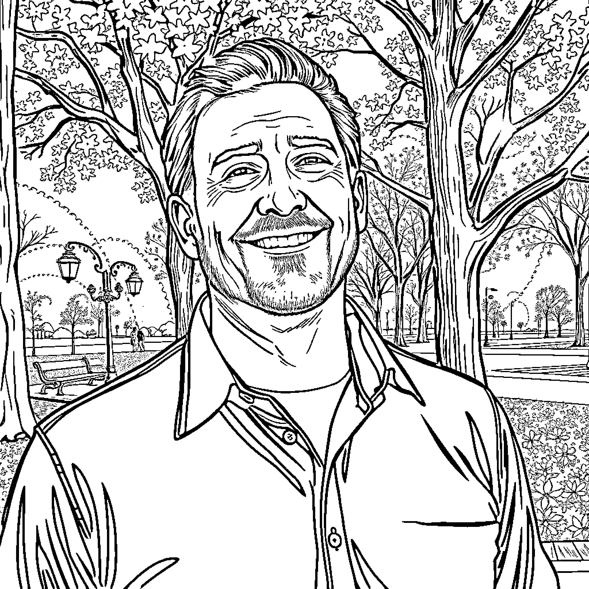Mark Christopher Yanni smiling in a scenic park setting Coloring Page (free black-and-white line drawing printable PDF for all, from beginners to advanced learners, including children, teens, adults, and seniors)