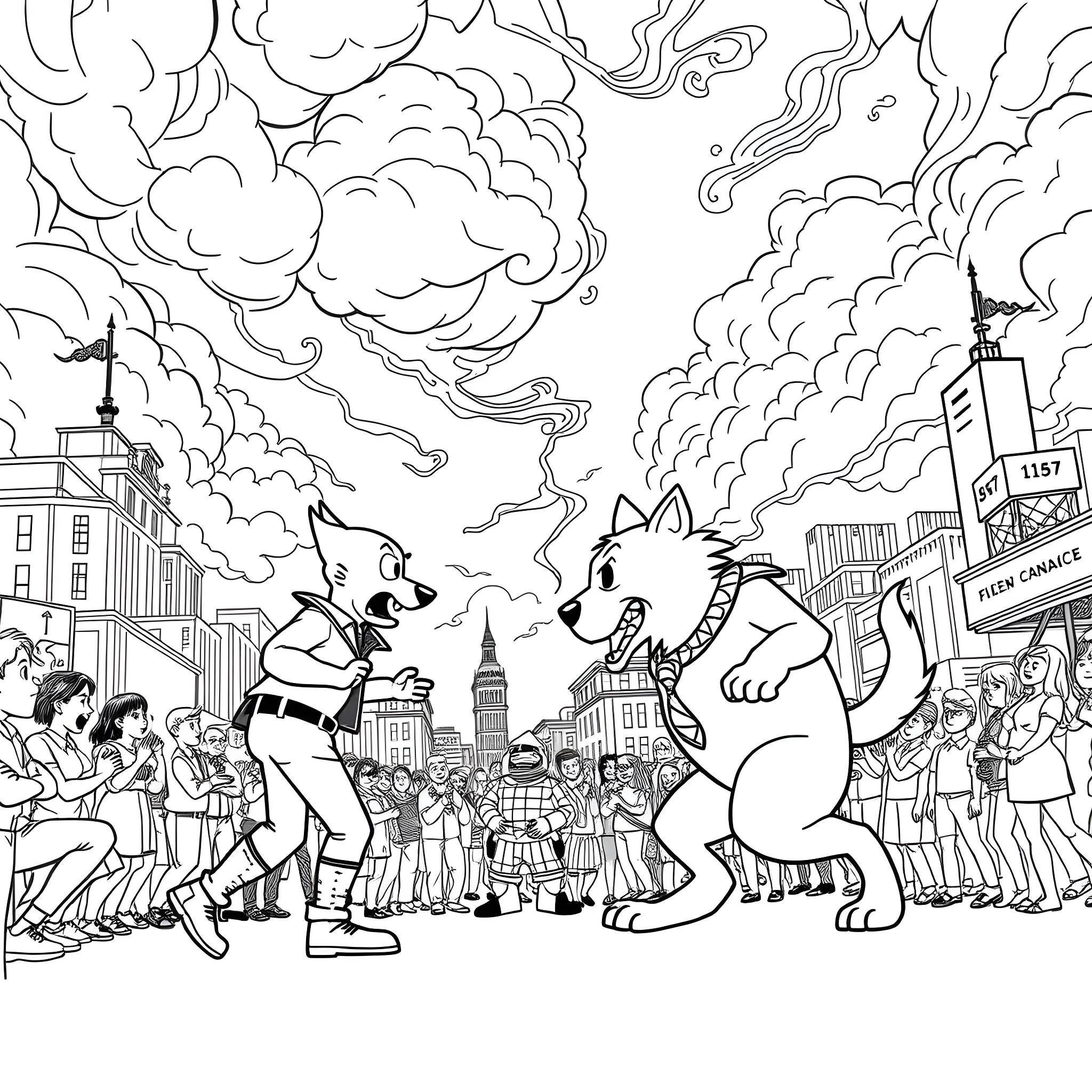 Kleine Karel's Mischievous Adventure in the City Coloring Page (free black-and-white line drawing printable PDF for all, from beginners to advanced learners, including children, teens, adults, and seniors)