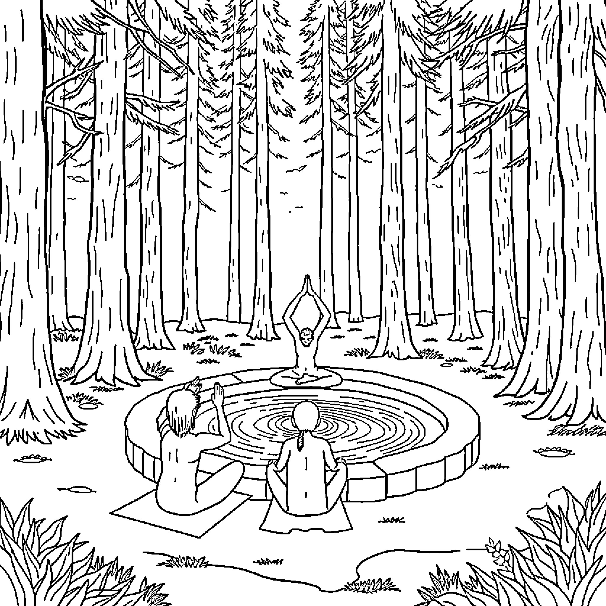 Yoga meditation in peaceful forest clearing Coloring Page (free black-and-white line drawing printable PDF for all, from beginners to advanced learners, including children, teens, adults, and seniors)
